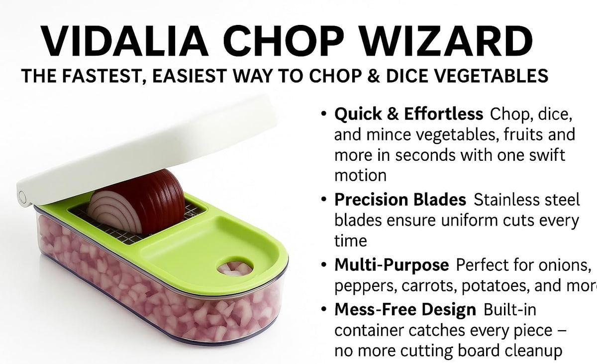 Vidalia Chop Wizard Vegetable Chopper – Original As Seen On TV Food Dicer with 2 Stainless Steel Blades, Large 2-Cup Container, Cleaning Tool, Dishwasher Safe Onion & Vegetable and Fruit Cutter