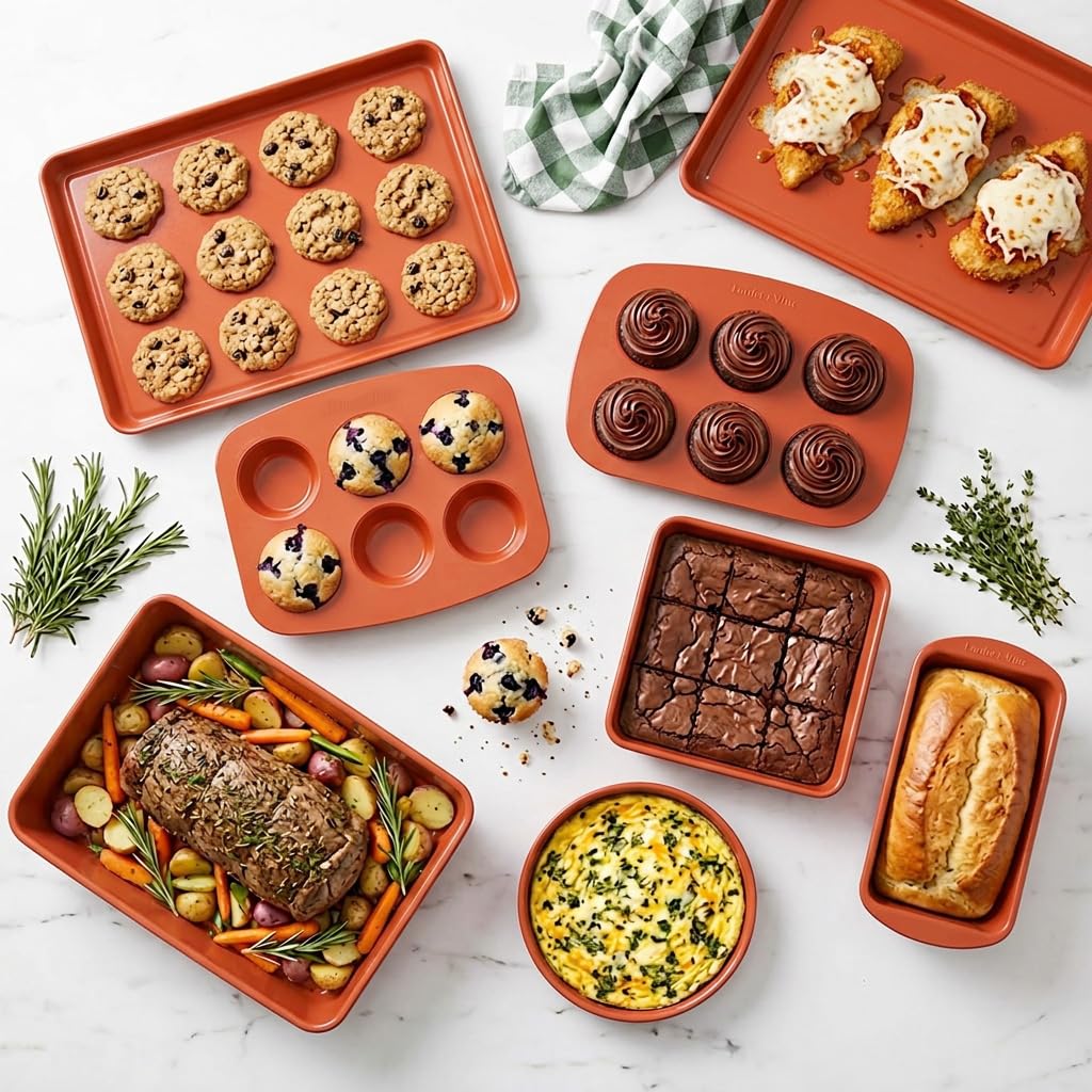 Larder & Vine 8-Piece Stackable Bakeware Set, Ceramic-Coated Nonstick Baking Pan Set, Non-Toxic, with Baking Sheets, Muffin Pan, Loaf Pan & Cake Pans, Cabernet