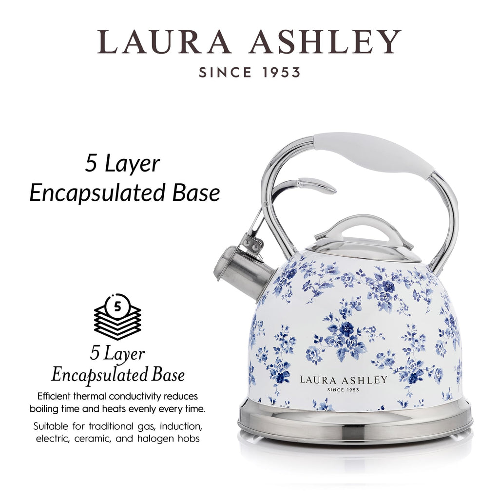 Laura Ashley China Rose Stovetop Kettle with Whistle - 2.5L Fast Boil Stainless Steel Kettle Stove Top - Silicon Coated Cool Handle Camping Kettle for Gas, Induction Hob - Compatible with Aga Stove