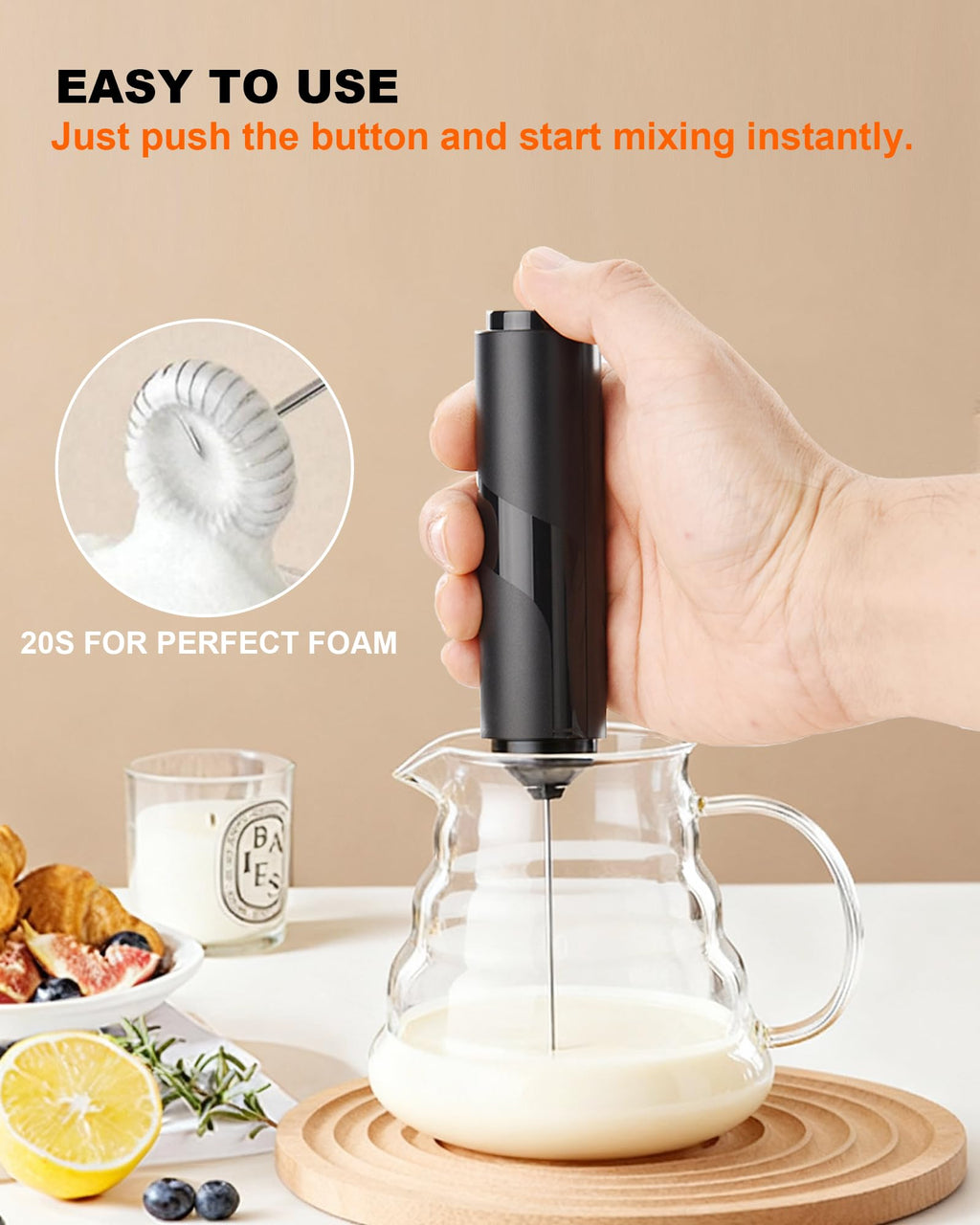 Soenglyun Electric Milk Frother Handheld Foam Maker, Black