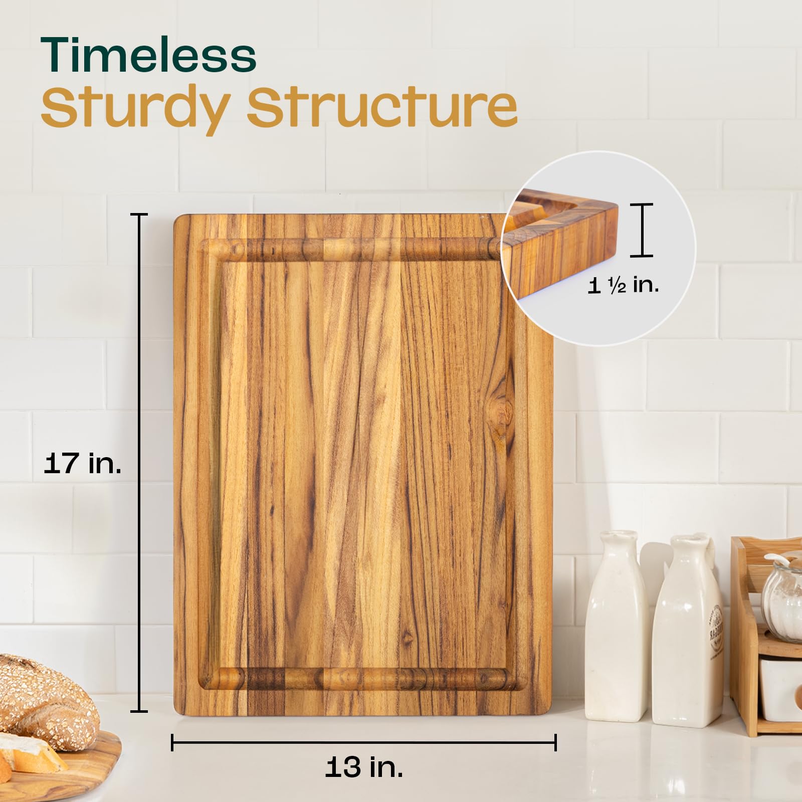 Yes4All Solid Teak Cutting Boards for Kitchen, [17''L x 13''W x 1.5” Thick] Medium Edge Grain Butcher Block Cutting Board, Wood Cutting Boards with Juice Grooves and Easy Grip Handle