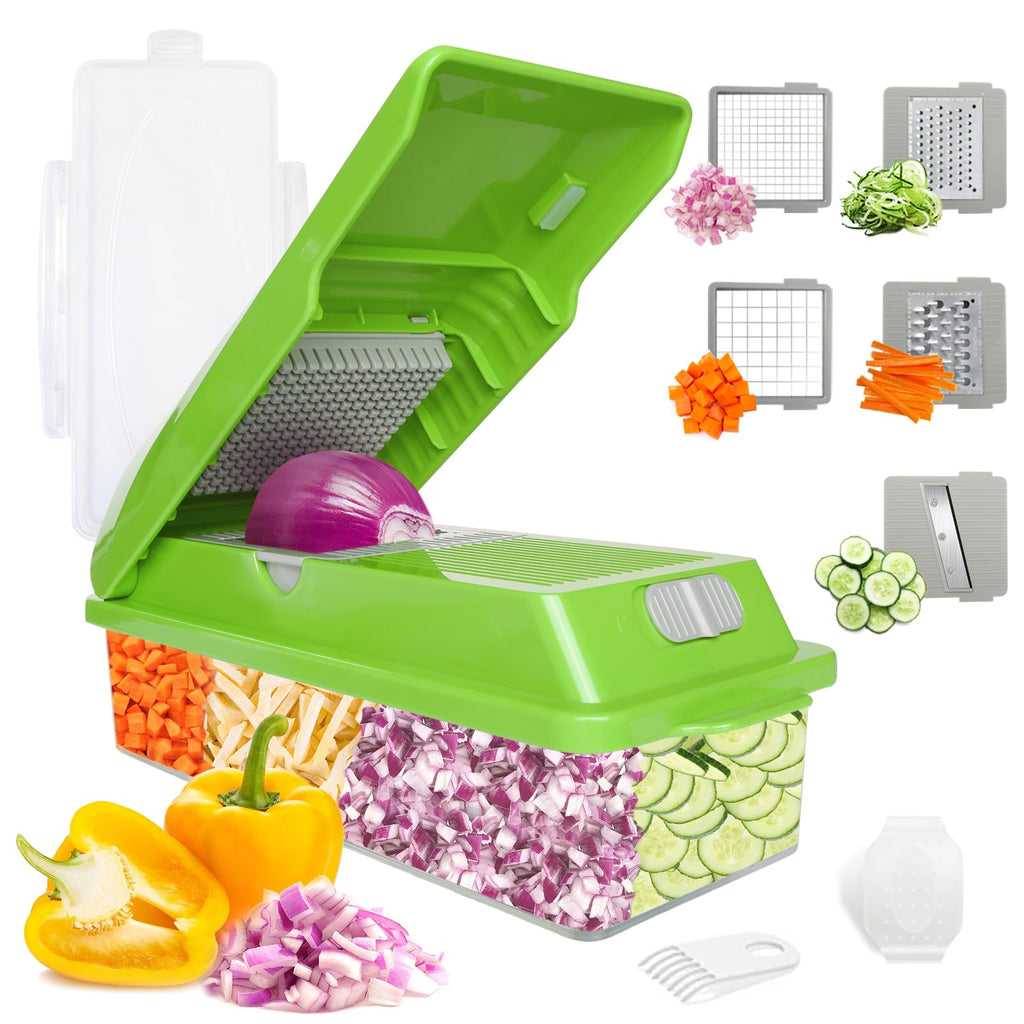 Veggie Chopper with Container, 7 in 1 Manual Food Chopper Cutter, Green