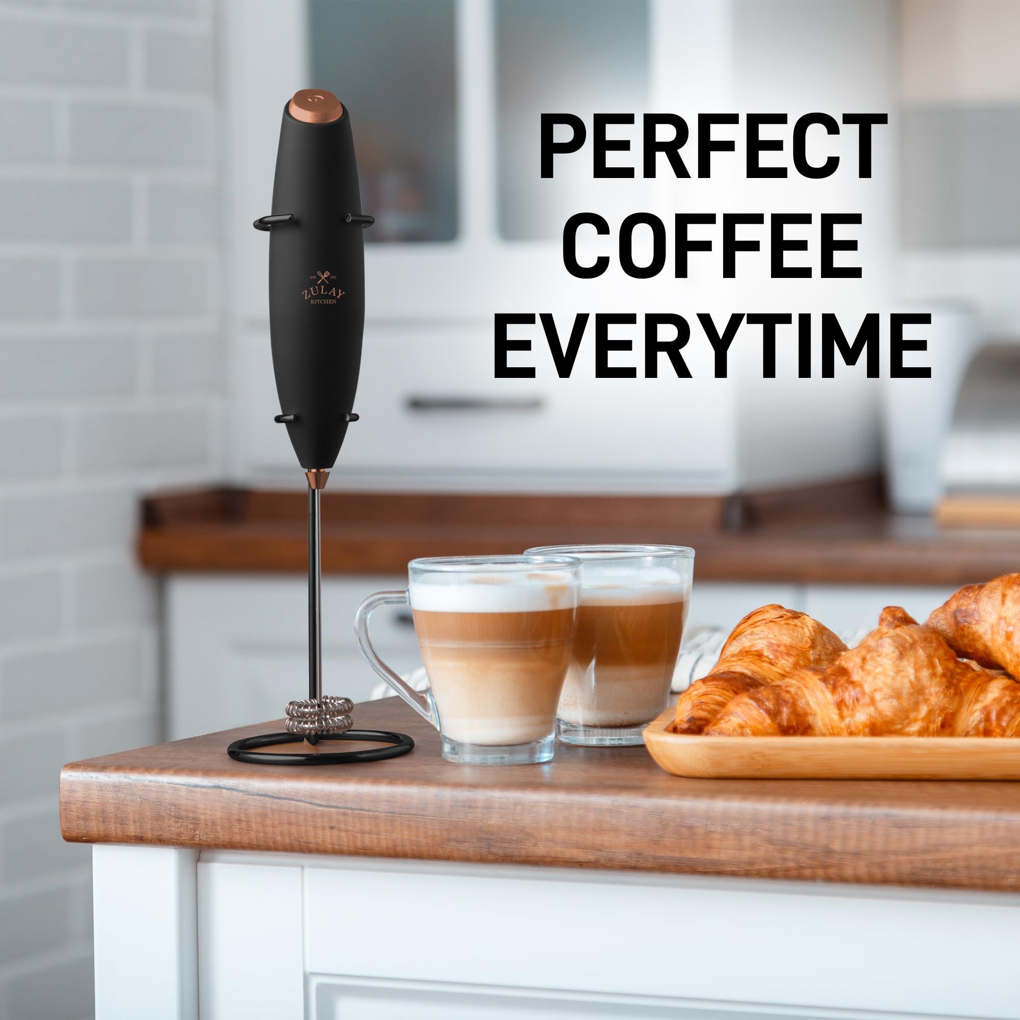 Zulay Kitchen Powerful Milk Frother Wand With Duracell Batteries - Ultra Fast Handheld Drink Mixer - Electric Whisk Foam Maker for Coffee, Lattes, Cappuccino & Matcha - Double Whisk - Black Copper
