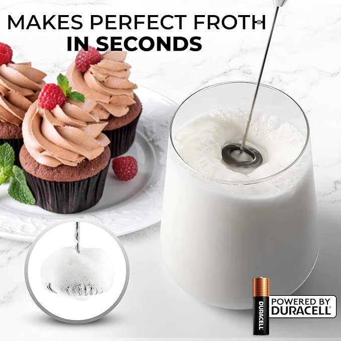 Zulay Powerful Milk Frother (4 Duracell Batteries Included) - Handheld Milk Frother Wand Drink Mixer for Coffee - Powerful Milk Foamer for Cappuccino, Frappe, Matcha & Creamer - Black/Copper