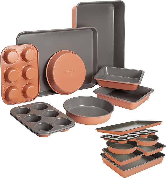 Goodful All-In-One Nonstick Bakeware Set, Stackable and Space Saving Design includes Round and Square Pans, Muffin Pans, Cookie Sheet and Roaster, Dishwasher Safe, 8-Piece, Terracotta