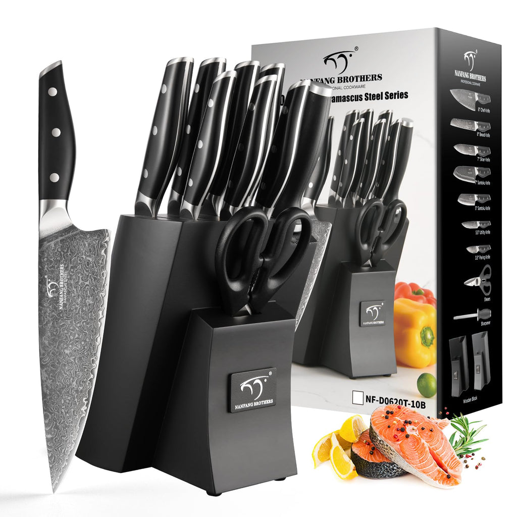 Damascus Knife Set with Block for Kitchen, VG10 Steel Chef Knife Set with Triple-Rivet Handles, Knife Sharpener, Natural Ash Wooden Knife Block, 10PCS