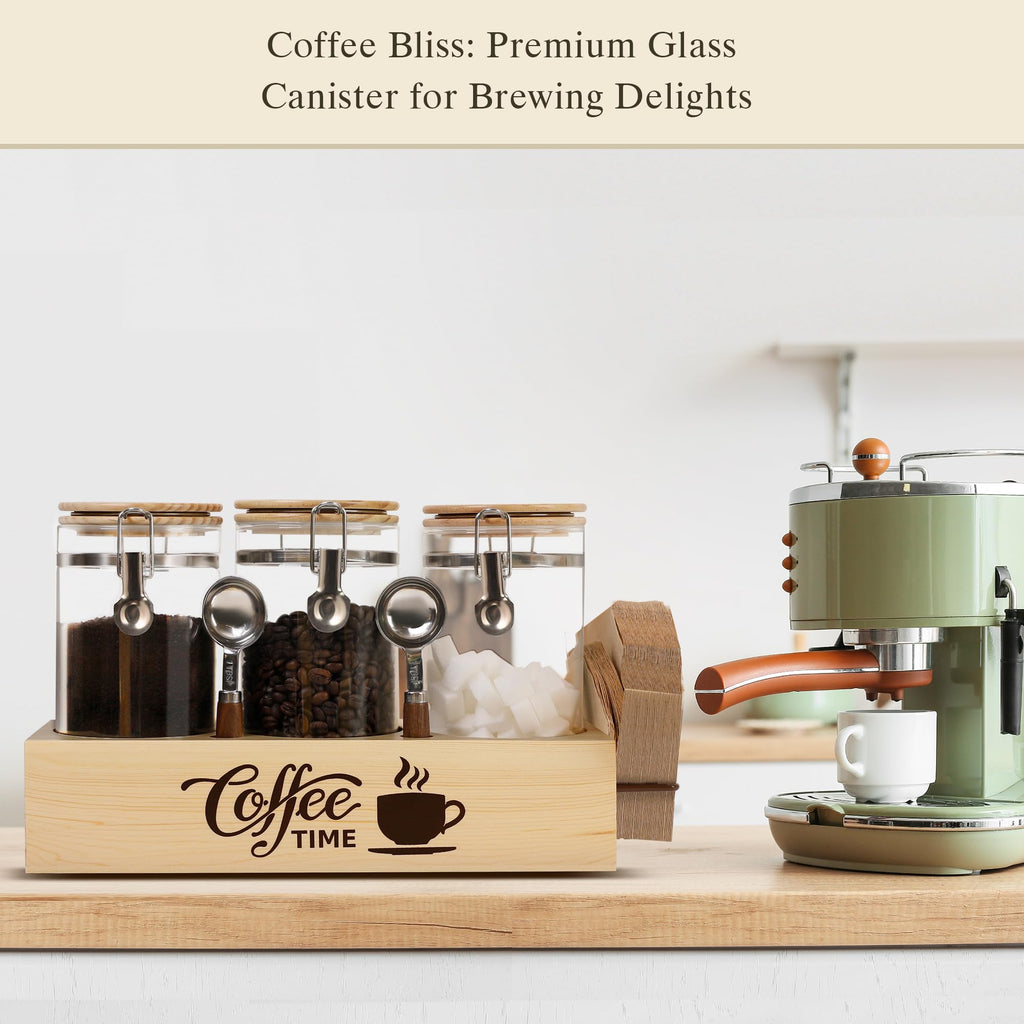 EQEY Glass Coffee Canister Set with Shelf & Spoons - 3 Piece Airtight Seal Coffee Bean Storage Containers & Filter Holder for Kitchen Organization