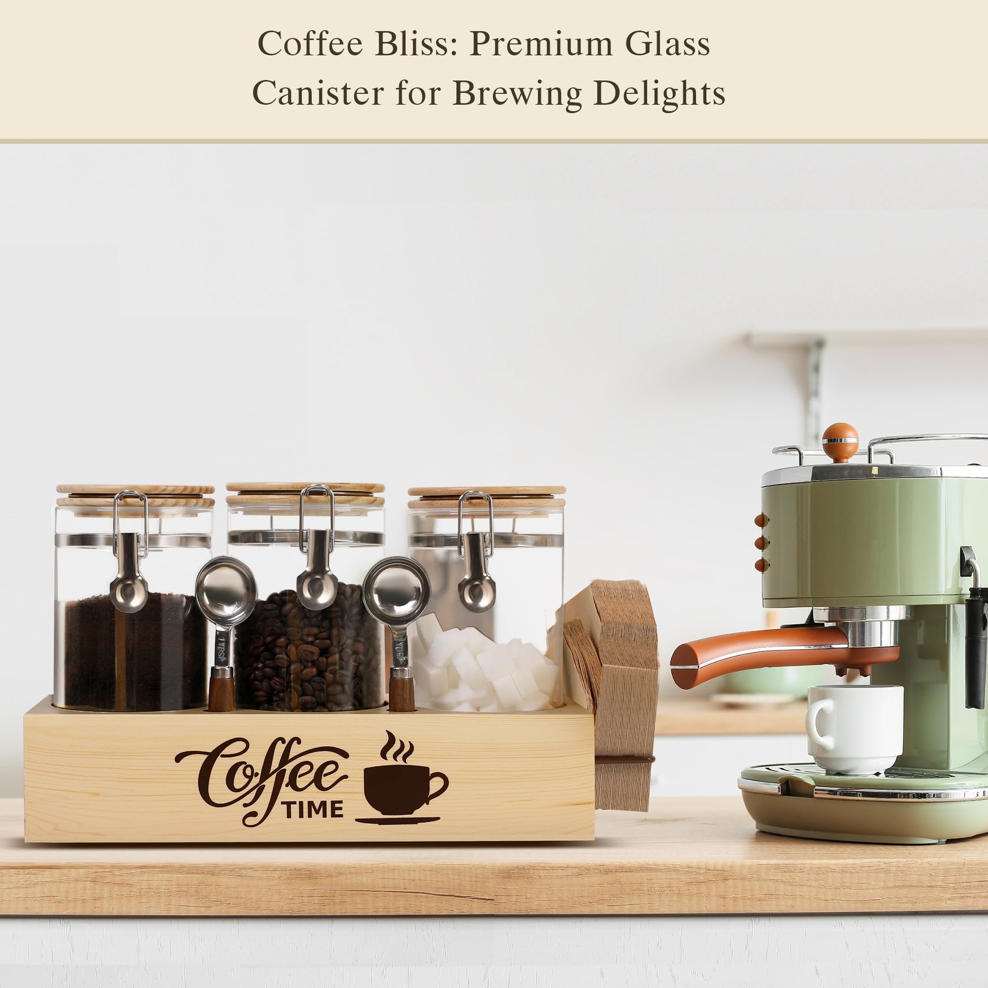 EQEY Glass Coffee Canister Set with Shelf & Spoons - 3 Piece Airtight Seal Coffee Bean Storage Containers & Filter Holder for Kitchen Organization