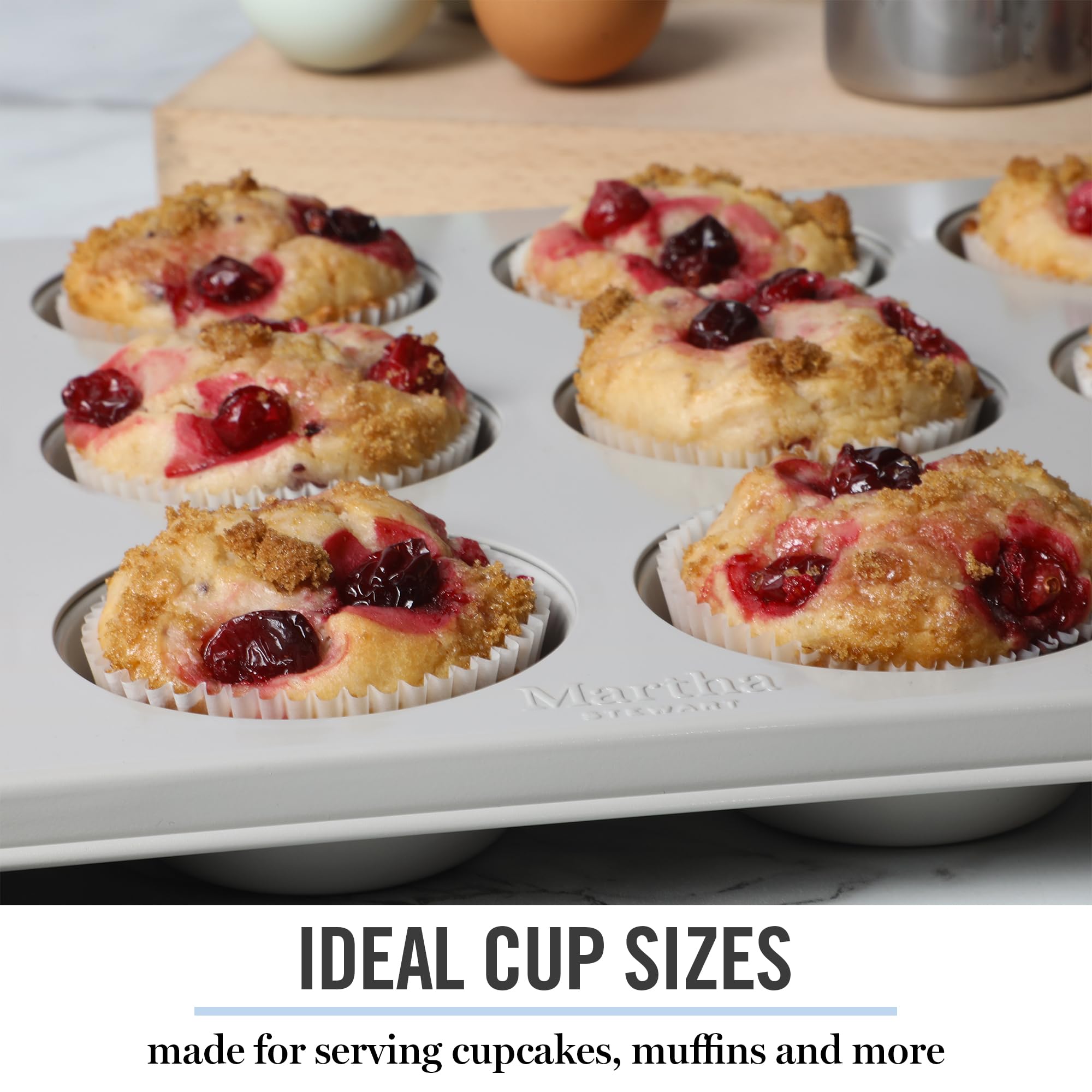 Martha Stewart Gallen 12 Cup Nonstick Carbon Steel Muffin and Cupcake Pan – Cool Grey, Durable Bakeware for Even Baking and Easy Release