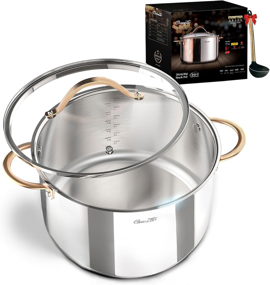 Ciwete Stock Pot 12 Quart, 18/10 Tri-Ply Stainless Steel Whole Clad Stock Pot with Lid, Seamless 12 QT Cooking Pot with Copper Handle, Healthy Stockpots, Induction, Gas, Oven and Dishwasher Safe