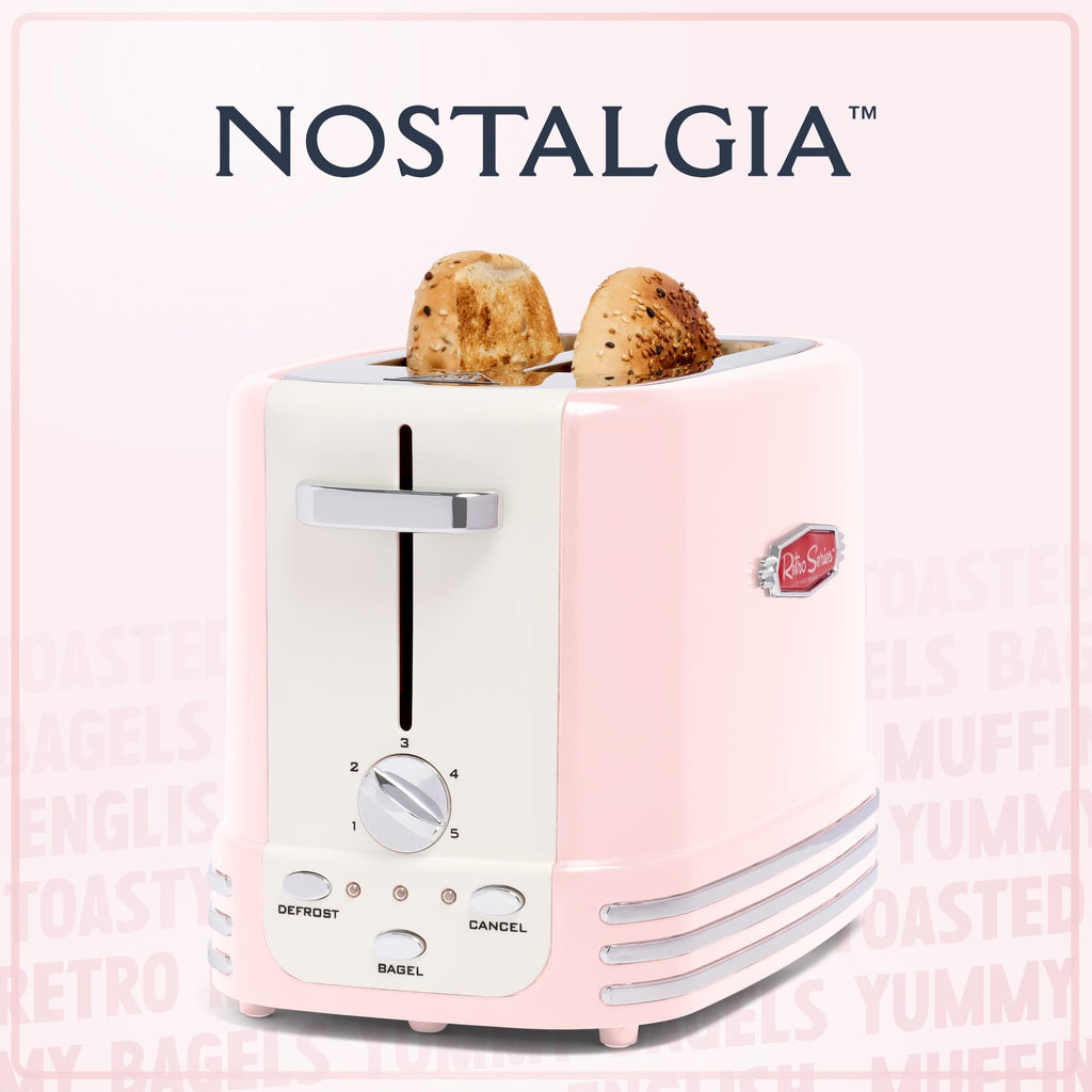 Nostalgia Retro Wide 2-Slice Toaster, Vintage Design With Crumb Tray, Cord Storage & 5 Toasting Levels, Pink