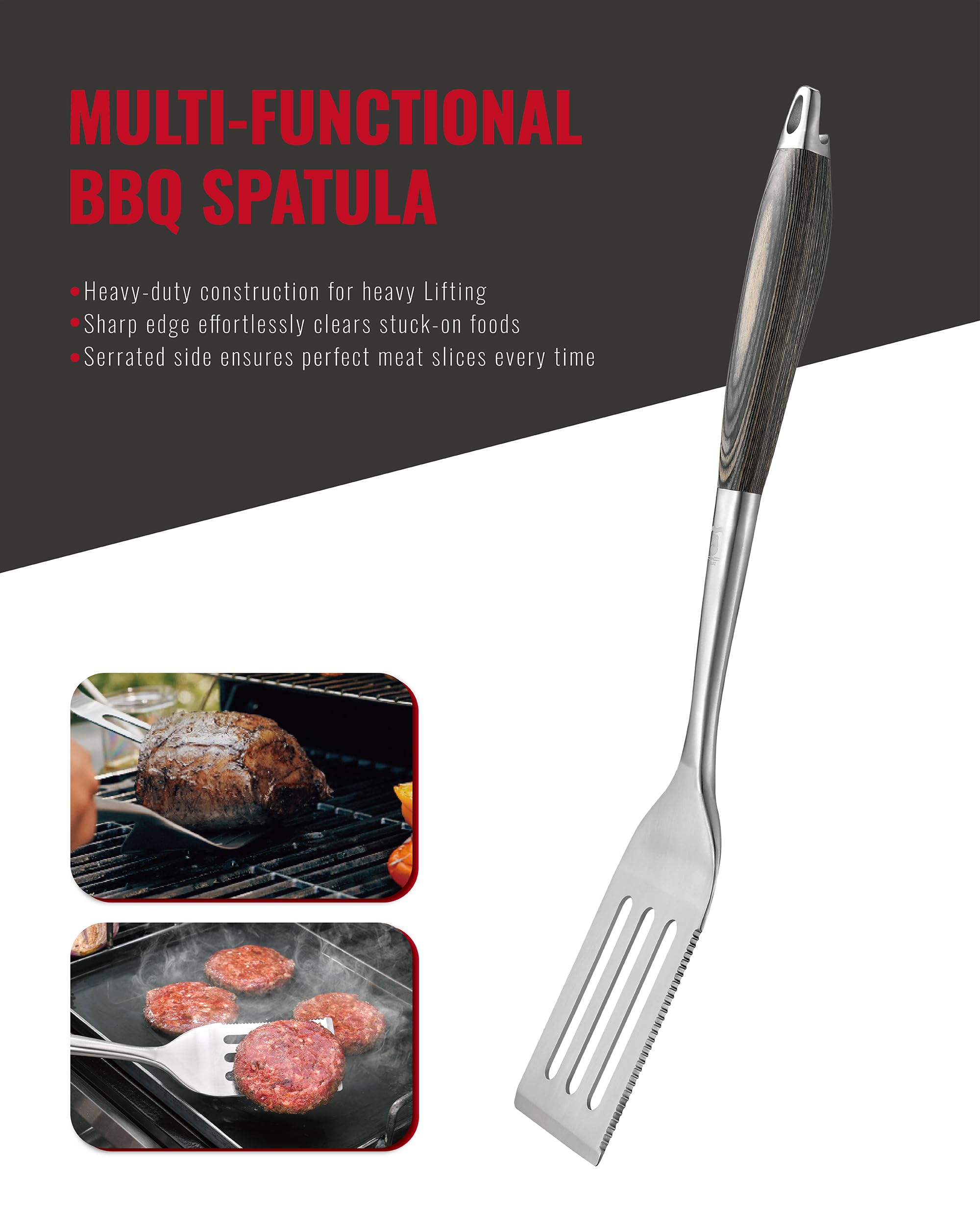 Grilaz Stainless Steel BBQ Tool Set with Veined-Dyed Wooden Handles | Heavy Duty Grilling Accessories | 3-Piece Outdoor Barbecue Grill Utensil Set with Spatula, Fork, and Tongs - Ideal Gift for Men…