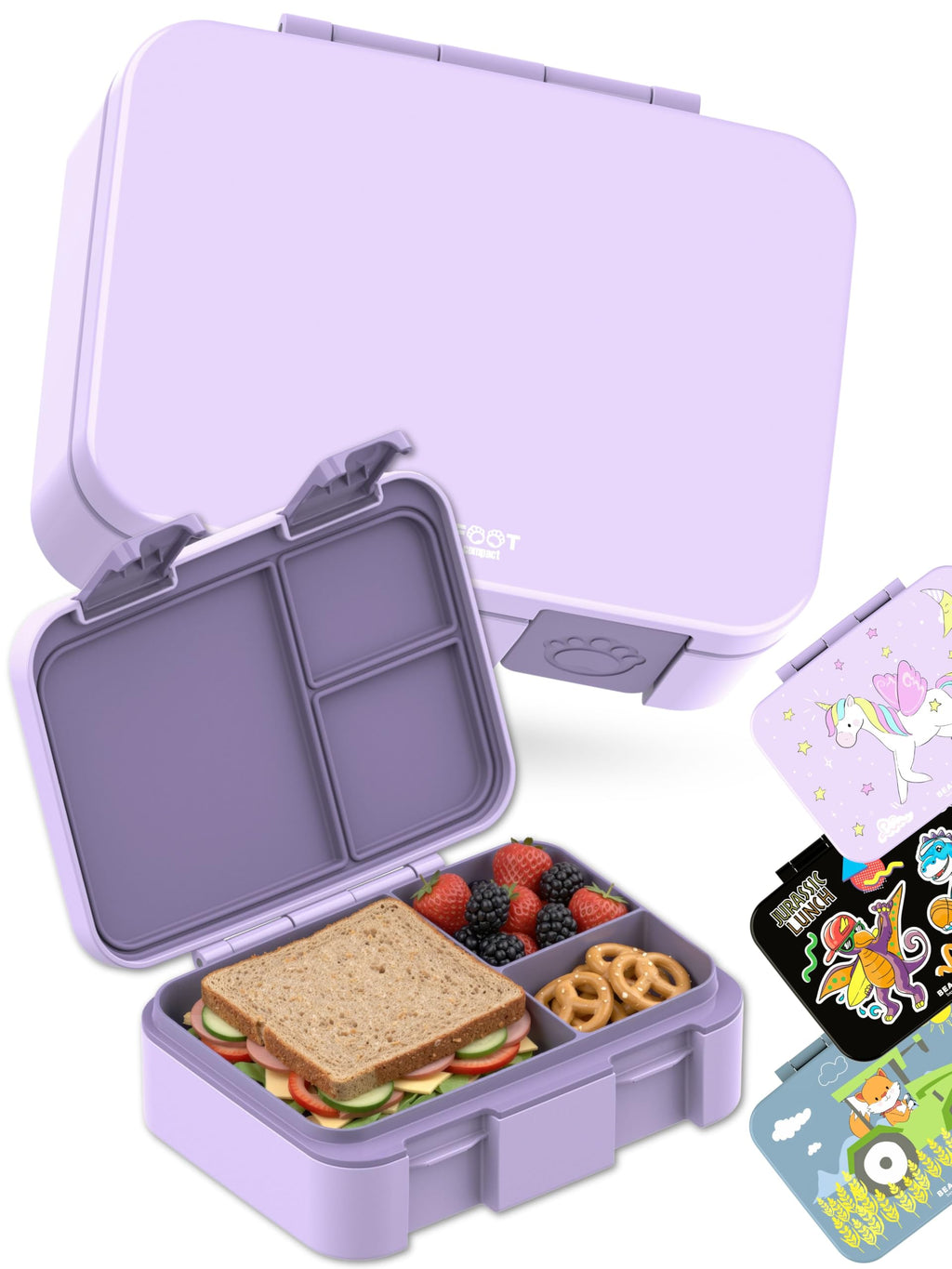 BEARFOOT Kids Lunch Box with Compartments – Compact & Lightweight | Leak-Proof, BPA-Free, Dishwasher Safe | Hand-Drawn Design for Preschool, School, Travel (Sticker Purple, 2.75 Cups)