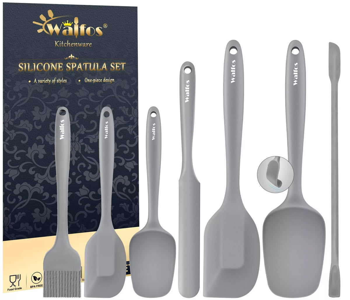 Walfos Silicone Spatula Set (5pcs) - 600℉ High Heat Resistant Kitchen Spoon Navy Blue Spatulas for Cooking Mixing & Baking, Strong Steel Core and One-Pieces Seamless Design, BPA Free Dishwasher Safe