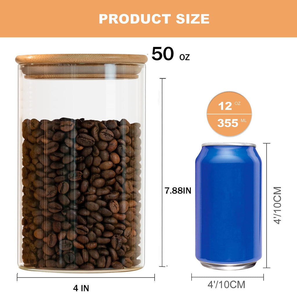 Liuruiyu 50oz Glass Food Storage Jars Set of 6,Glass Storage Containers Clear Glass Food Canister with Bamboo Lid Airtight For Serving Tea, Coffee, Flour, Sugar, Candy, Cookie, Spice and More (Round)