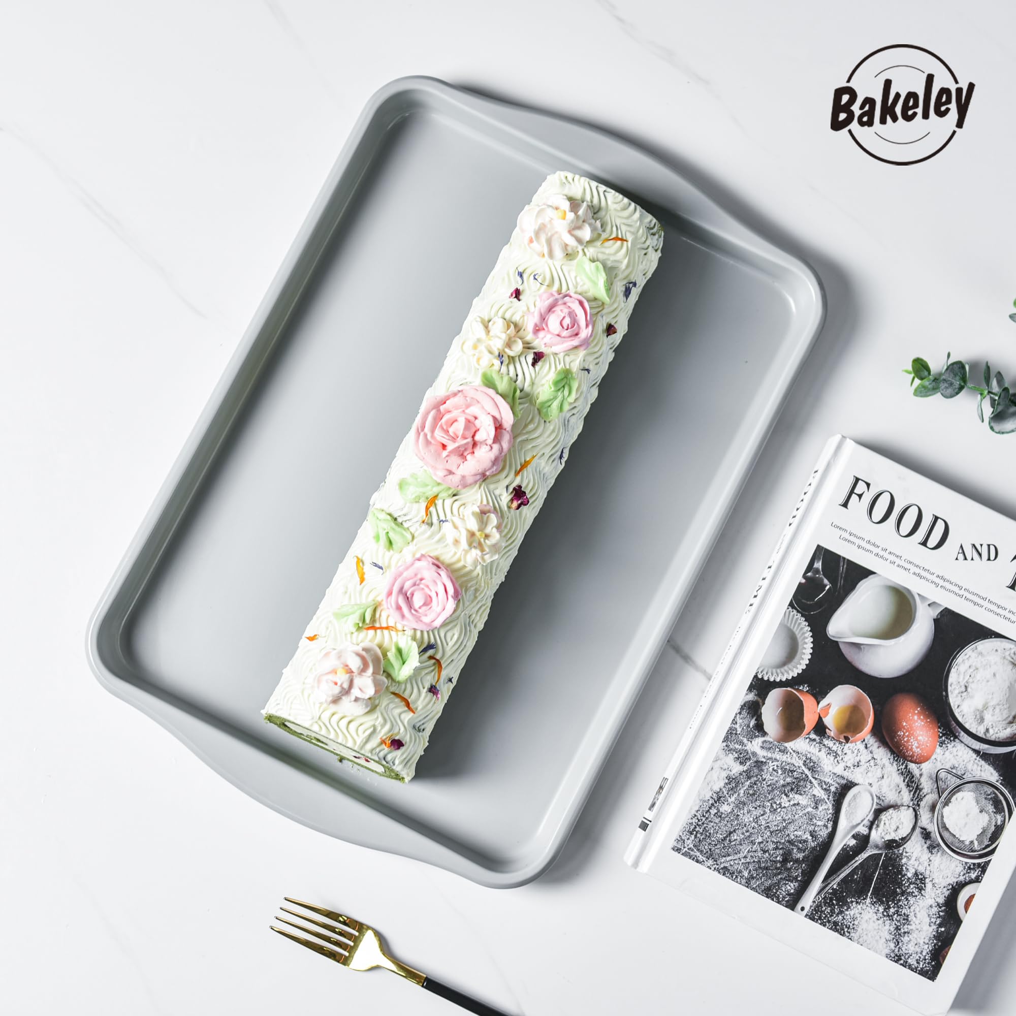 Bakeley 15-Inch Baking Sheet Pan, Non-Stick Jelly Roll Carbon Steel Naturally Slick Ceramic Coating Rimmed Cookie Sheet Pan for Oven Roasting Meat Bread - 15" x 10"