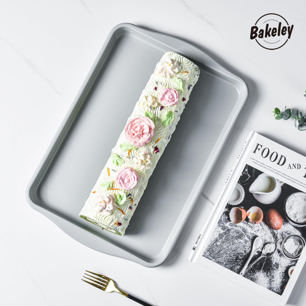 Bakeley 15-Inch Baking Sheet Pan, Non-Stick Jelly Roll Carbon Steel Naturally Slick Ceramic Coating Rimmed Cookie Sheet Pan for Oven Roasting Meat Bread - 15" x 10"