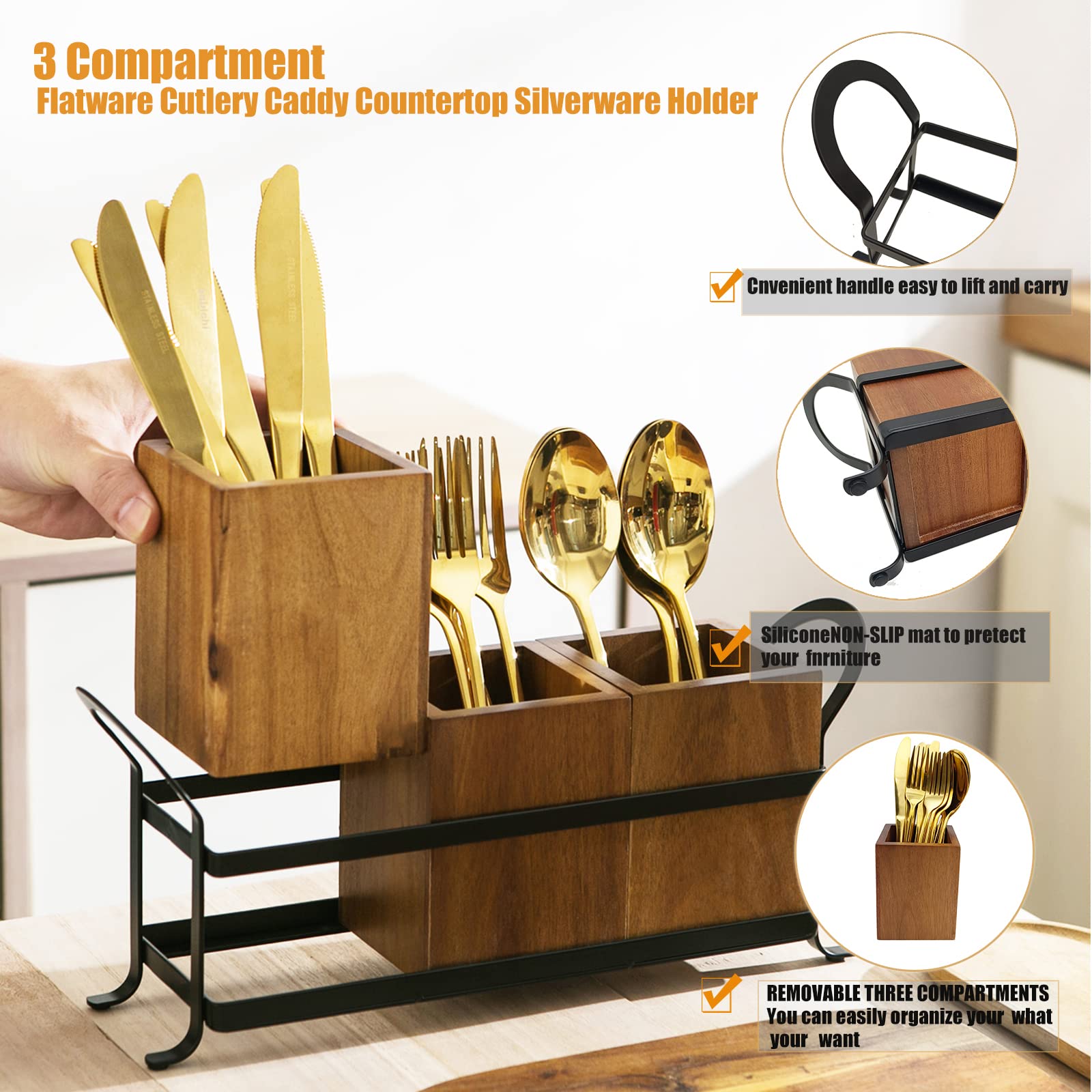 NelyBet Utensil Caddy Silverware Cutlery Holder with 3 Compartment, Wooden Utensil Crock Flatware Organizers with Metal Tray, Rustic Kitchen Utensil Organizers for Farmhouse Kitchen and Countertop