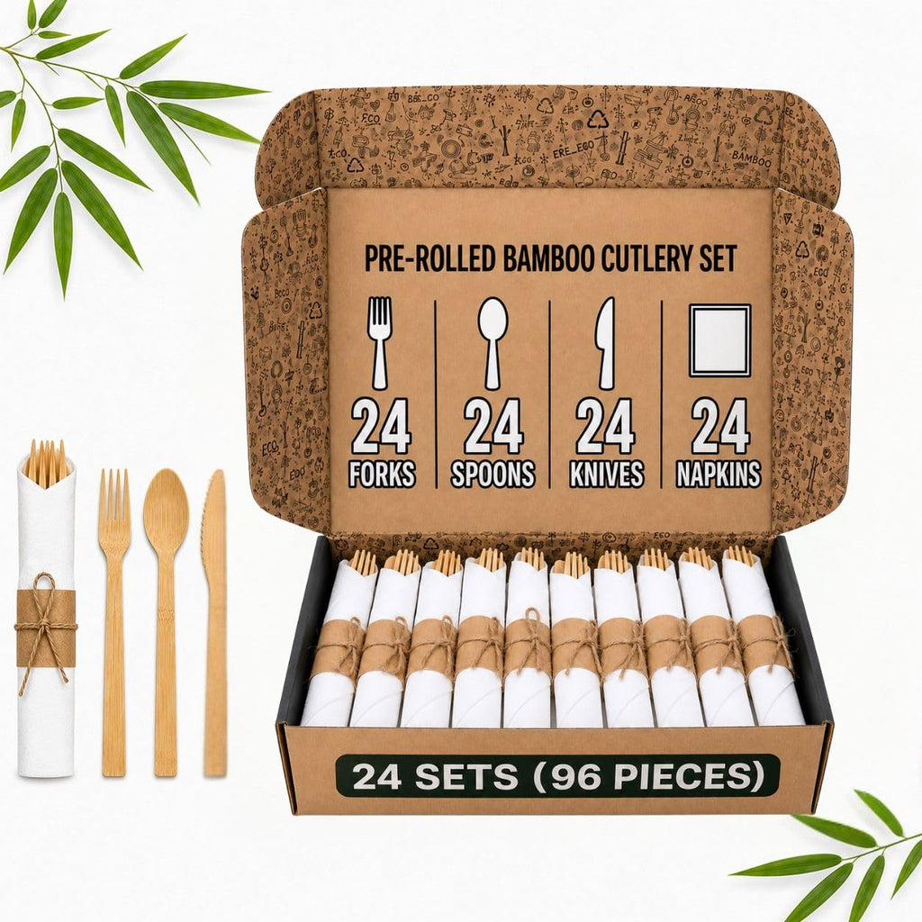 KOELHO'S Pre-Rolled Bamboo Cutlery Set 24-Pack 96 PCS | Bamboo Disposable Utensils 100% Biodegradable and Eco-Friendly | Wooden Utensils Disposable for Parties, Weddings, and Events