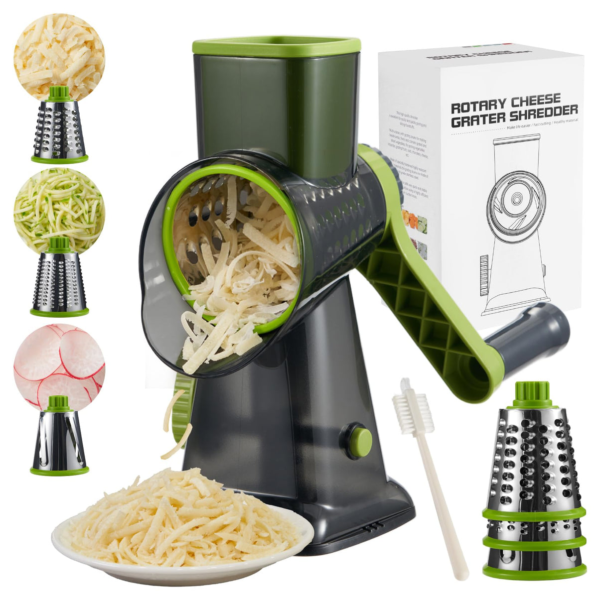 ALEXPHY Rotary Cheese Grater Hand Crank, 5 blades Cheese shredder, Stronger Suction, Easy to Clean for Fruit, Vegetables, Nuts, White