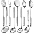 Teenyyou 9 Pcs 304 Stainless Steel Utensils Set with Wood Handle Metal Cooking Tool Spatula, Solid Spoon, Slotted Spoon, Fork, Ladle, Skimmer, Slotted Spatula Spaghetti(Silver,Stainless Steel)
