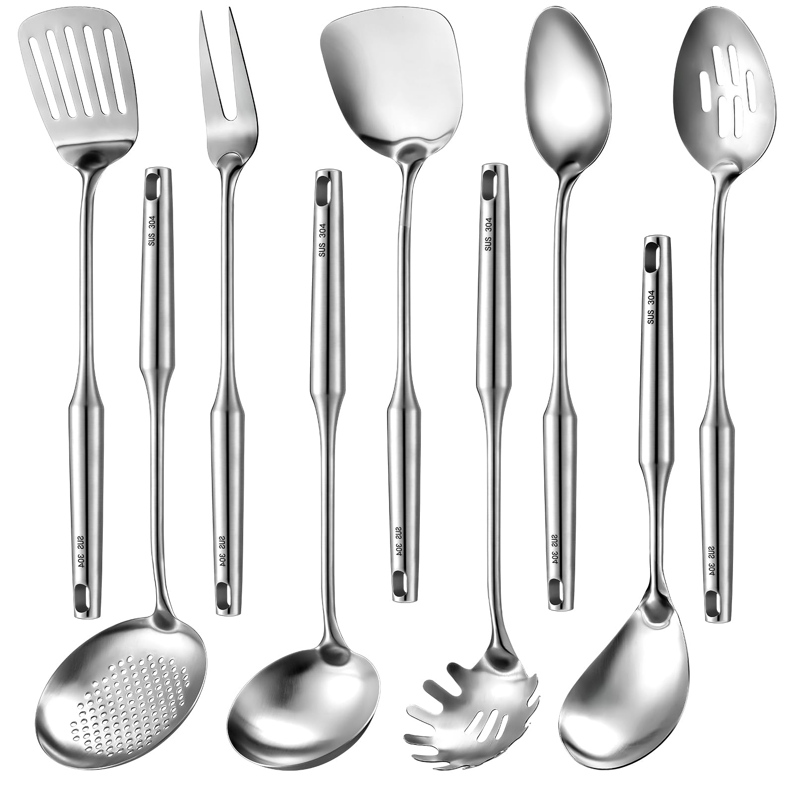 Teenyyou 9 Pcs 304 Stainless Steel Utensils Set with Wood Handle Metal Cooking Tool Spatula, Solid Spoon, Slotted Spoon, Fork, Ladle, Skimmer, Slotted Spatula Spaghetti(Silver,Stainless Steel)