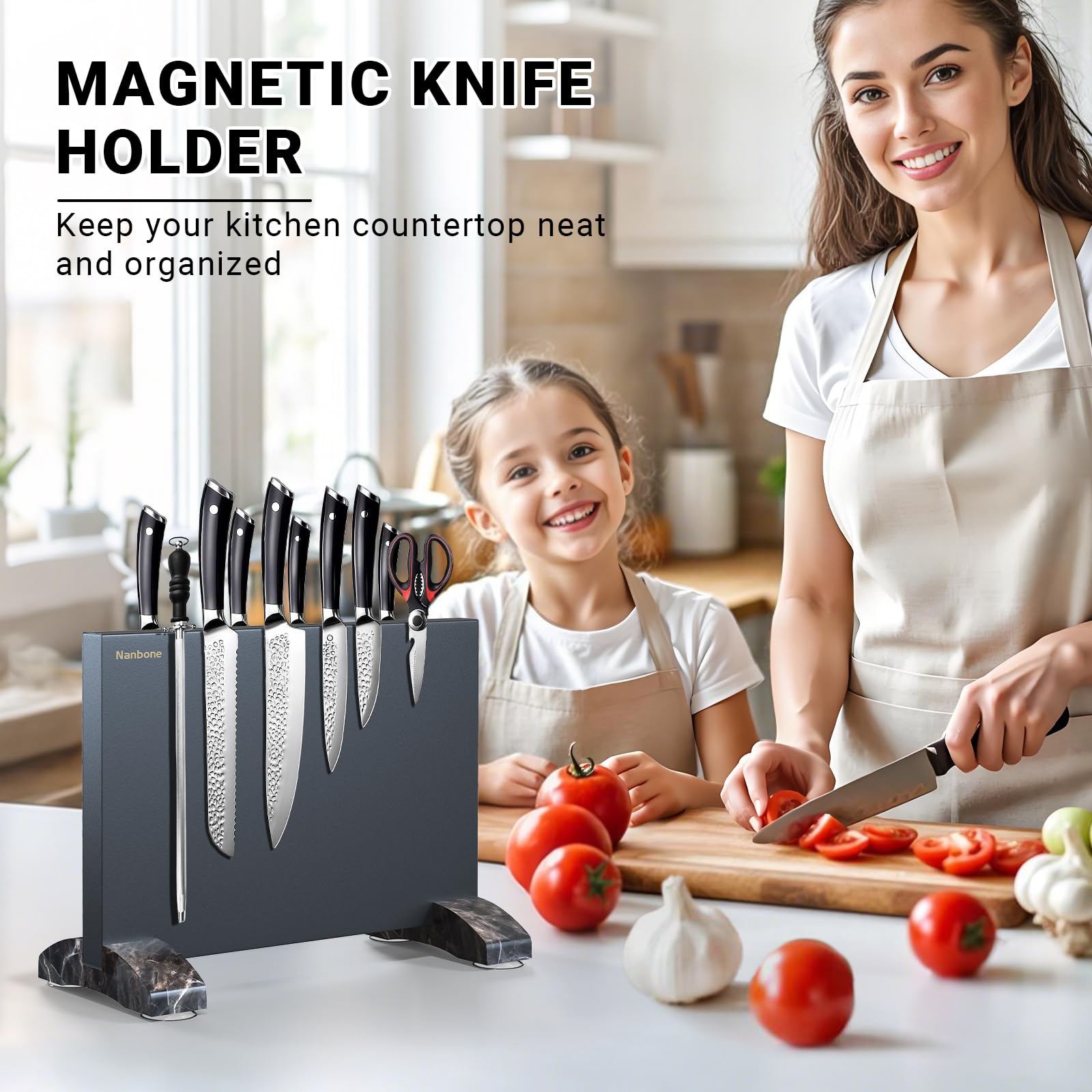 Nanbone Black Magnetic Knife Block Stand Without Knives Black Double Sided Magnetic Knife Holder Rack for Kitchen Counter Stainless Steel Knife Magnetic Strip Display Stand Storage Organizer