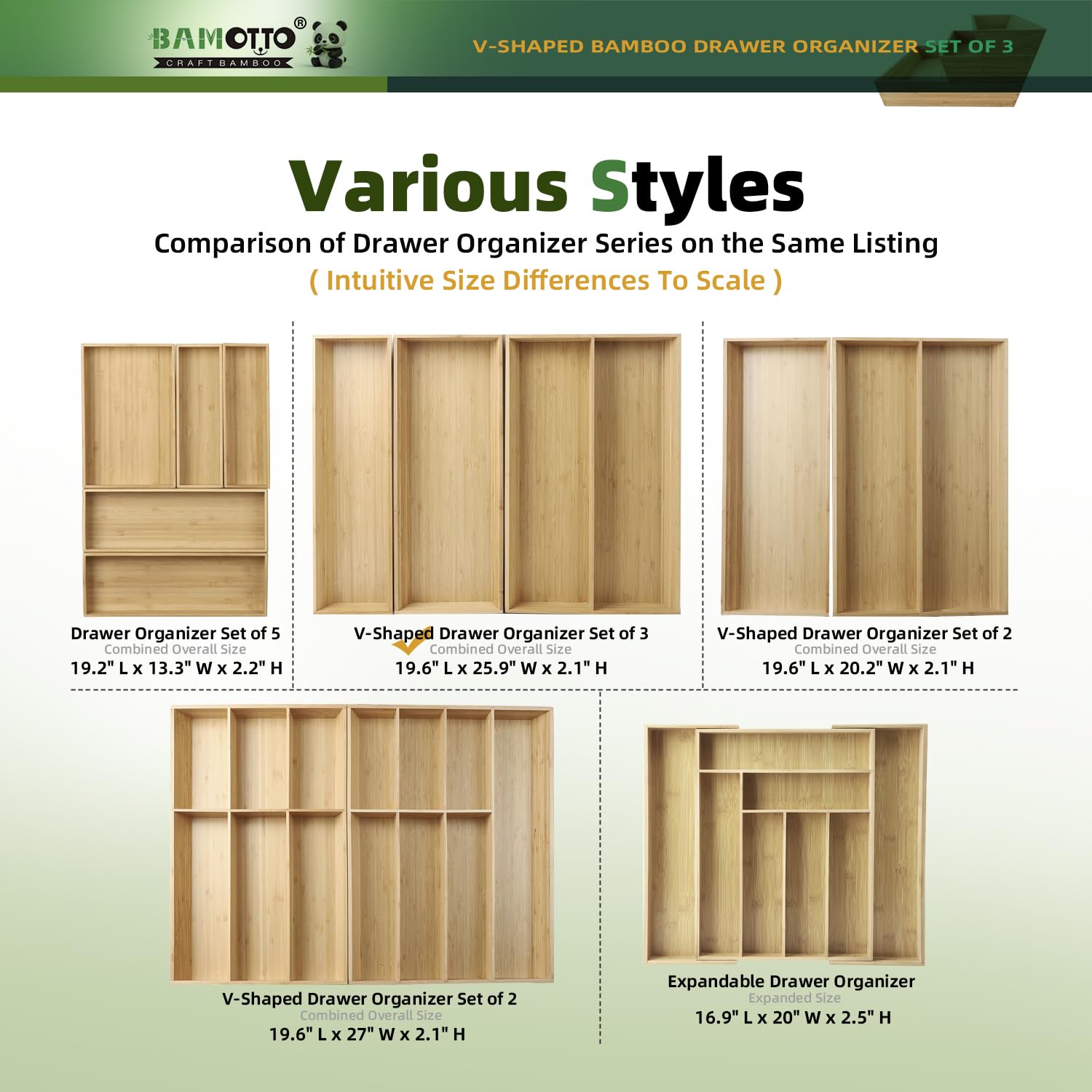 BAMOTTO CRAFTBAMBOO Large Long V-Shaped Bamboo Drawer Organizer Set of 3
