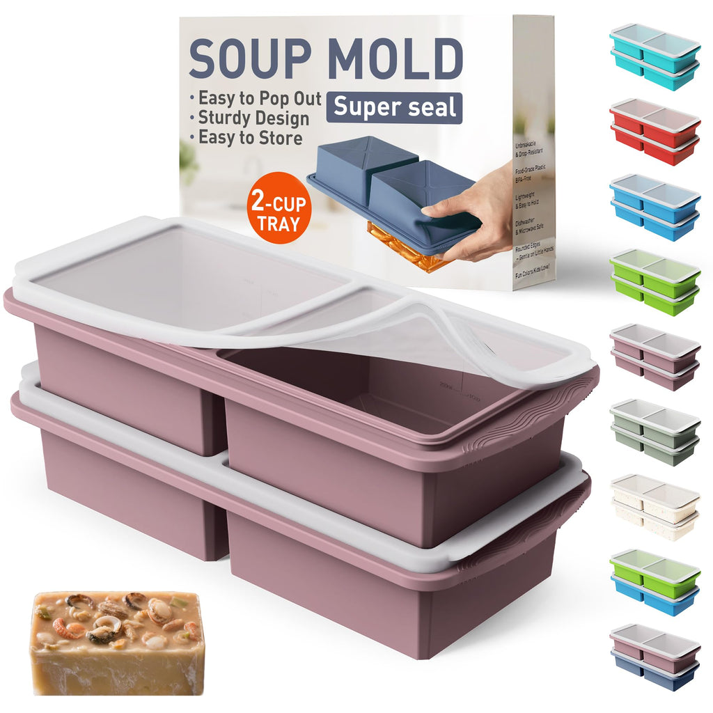Silicone Freezer Tray with Lid Soup Freezer Container Molds with Steel Reinforced Rim for Freezing Soup Sauce Broth Leftovers large Ice Cube Molds Oven Dishwasher Safe Ice Trays for Freezer with Bin