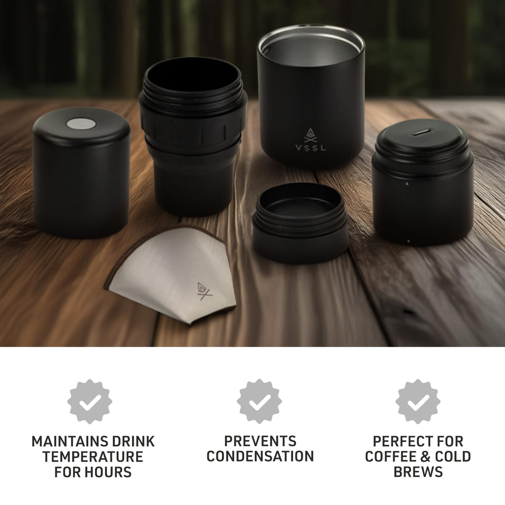 VSSL - Nest Pour Over Coffee Kit | Coffee Maker for Camping | All-In-One Travel Pour Over | Transportable Dripper, Two 10oz Stainless Steel Travel Mugs | Compact Storage & Adventure Ready | Black