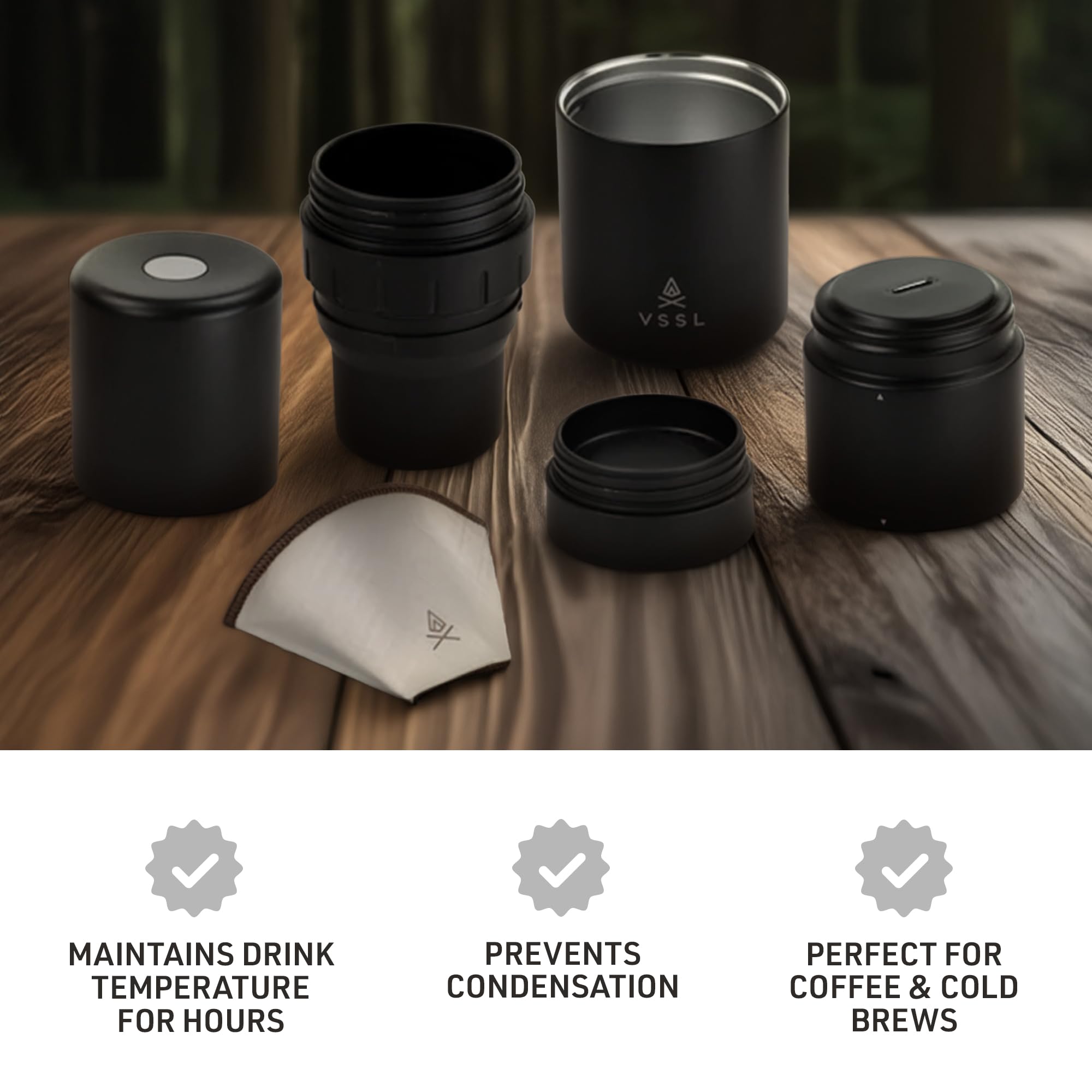 VSSL - Nest Pour Over Coffee Kit | Coffee Maker for Camping | All-In-One Travel Pour Over | Transportable Dripper, Two 10oz Stainless Steel Travel Mugs | Compact Storage & Adventure Ready | Black