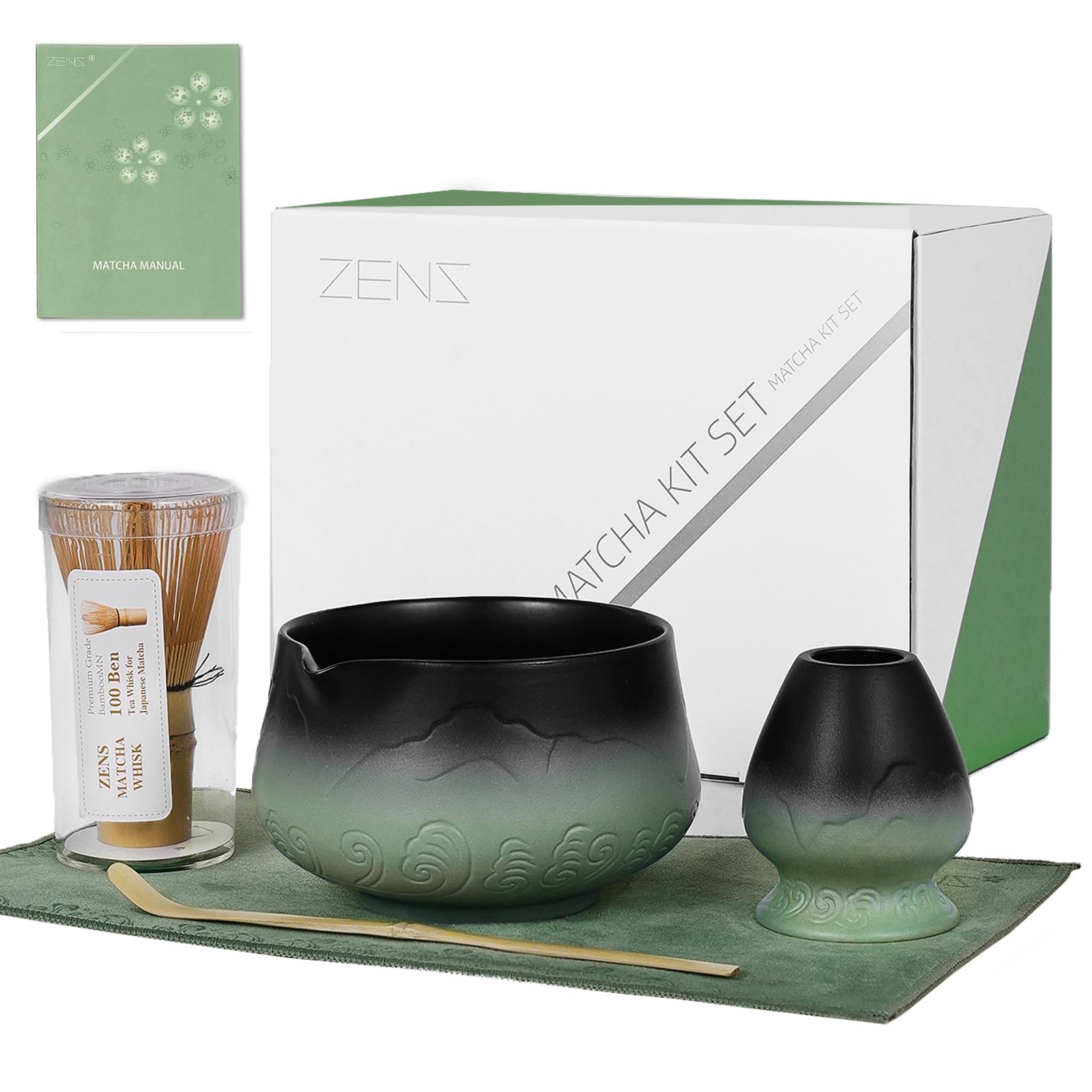 ZENS Matcha Whisk Set, 15oz Ceramic Matcha Set with Bowl and Bamboo Whisk, Scoop, (Chasen Holder) -Tea Towel, 5pcs Matcha Kit for Matcha Lovers, Sage Green