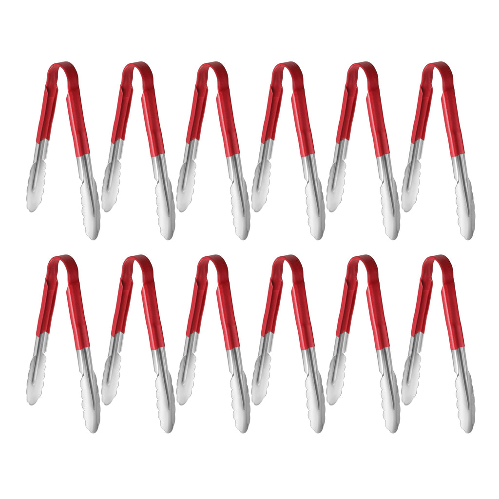 New Star Foodservice 35872 9-Inch Utility Spring Tongs, Stainless Steel, Vinyl Coated, Set of 12, Red