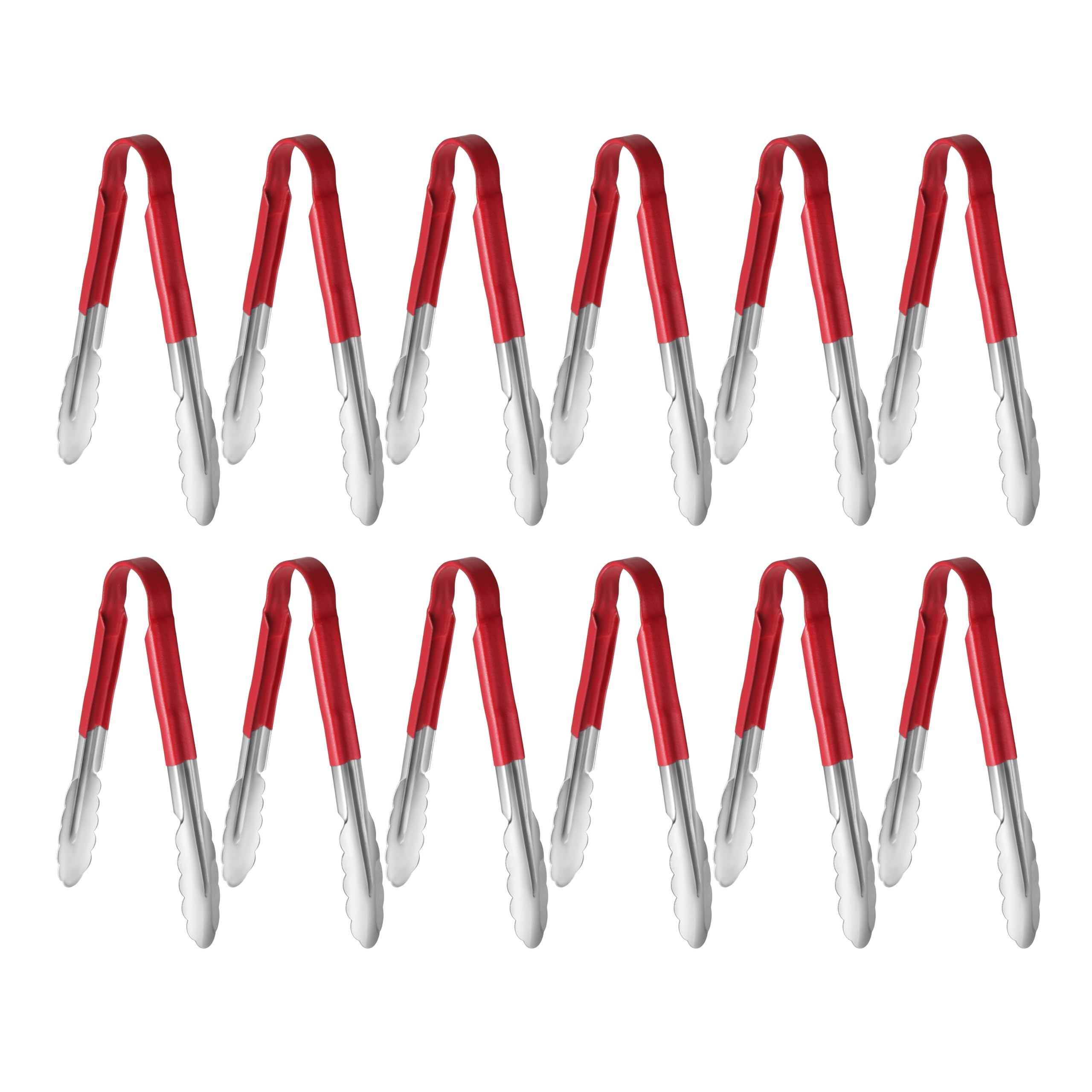 New Star Foodservice 35872 9-Inch Utility Spring Tongs, Stainless Steel, Vinyl Coated, Set of 12, Red
