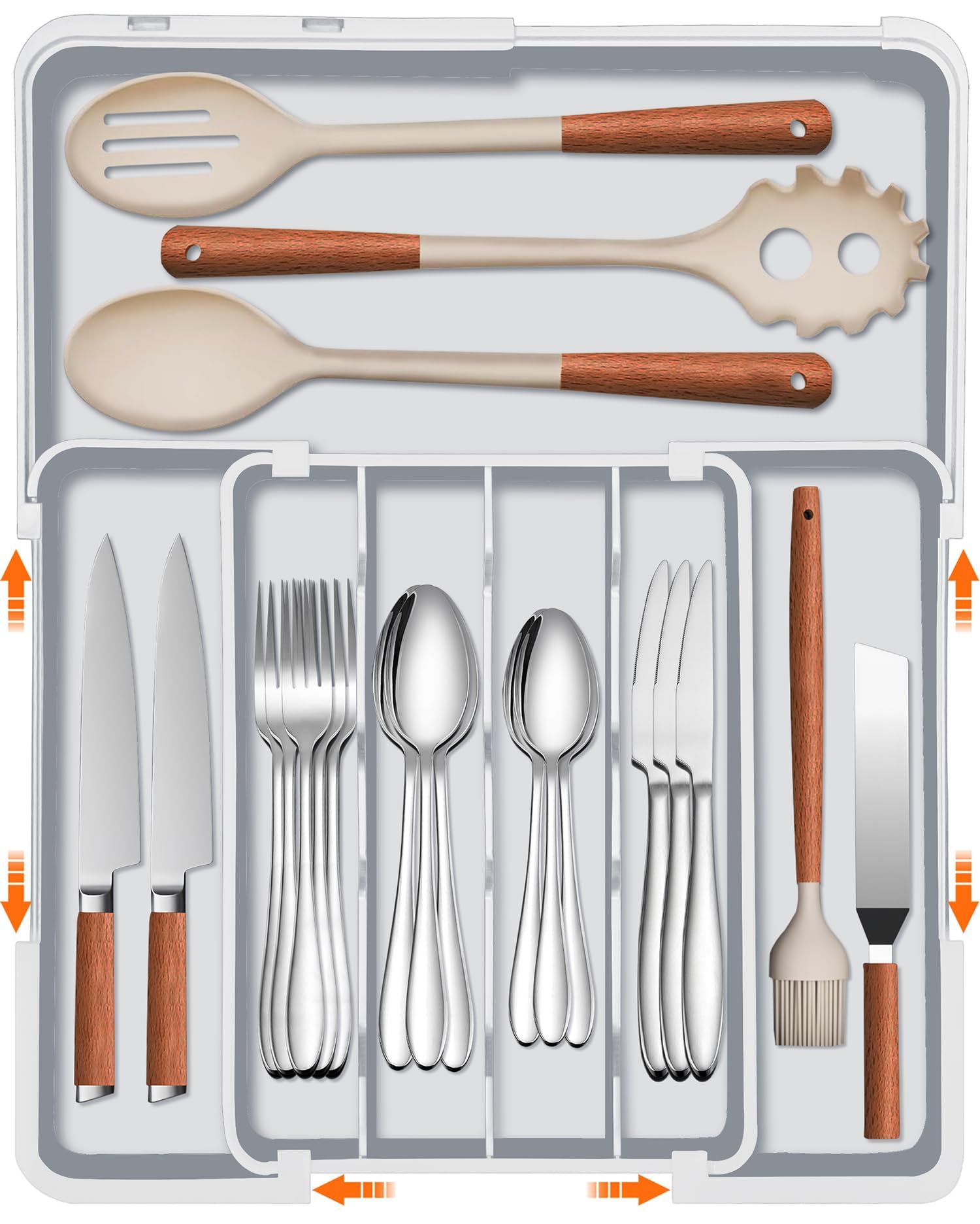 Spaclear Silverware Drawer Organizer Tray, Adjustable Cutlery Storage for Kitchen, Expandable Flatware and Utensil Holder Divider for Spoons Forks Knives Tableware, 15 x 19, 4-7 Slots, Gray