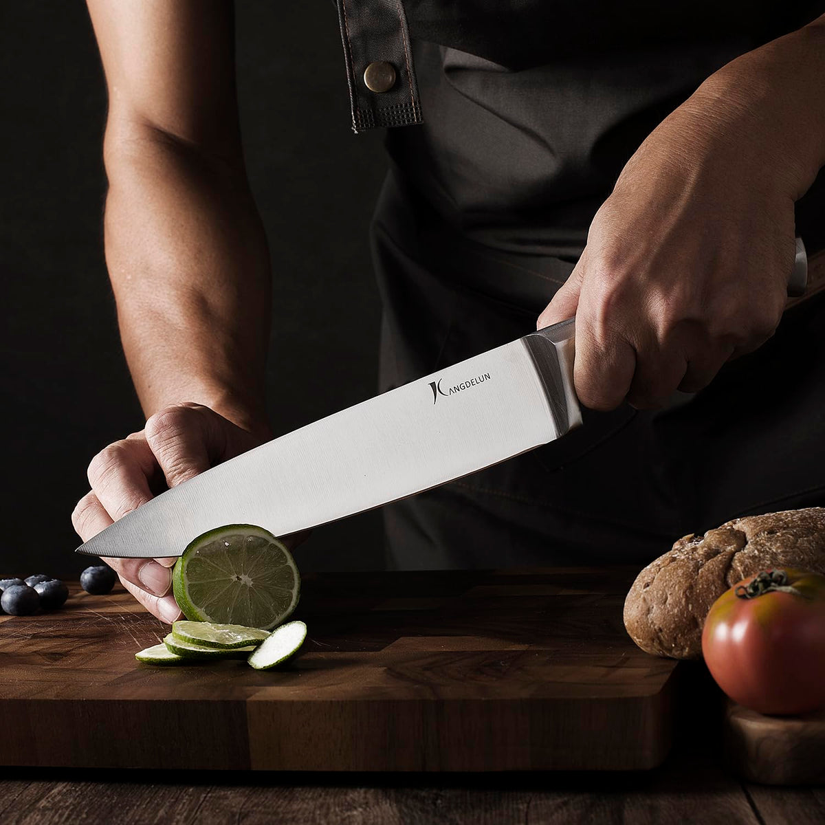 KANGDELUN 15‑Pc Kitchen Knife Set w/Block & Sharpener, Ultra Sharp 50Cr15MoV High Carbon Stainless Steel Blades, Ergonomic Anti‑Slip Handles, Angled Wood Block, Chef Knife, 6 Steak Knives & Shears