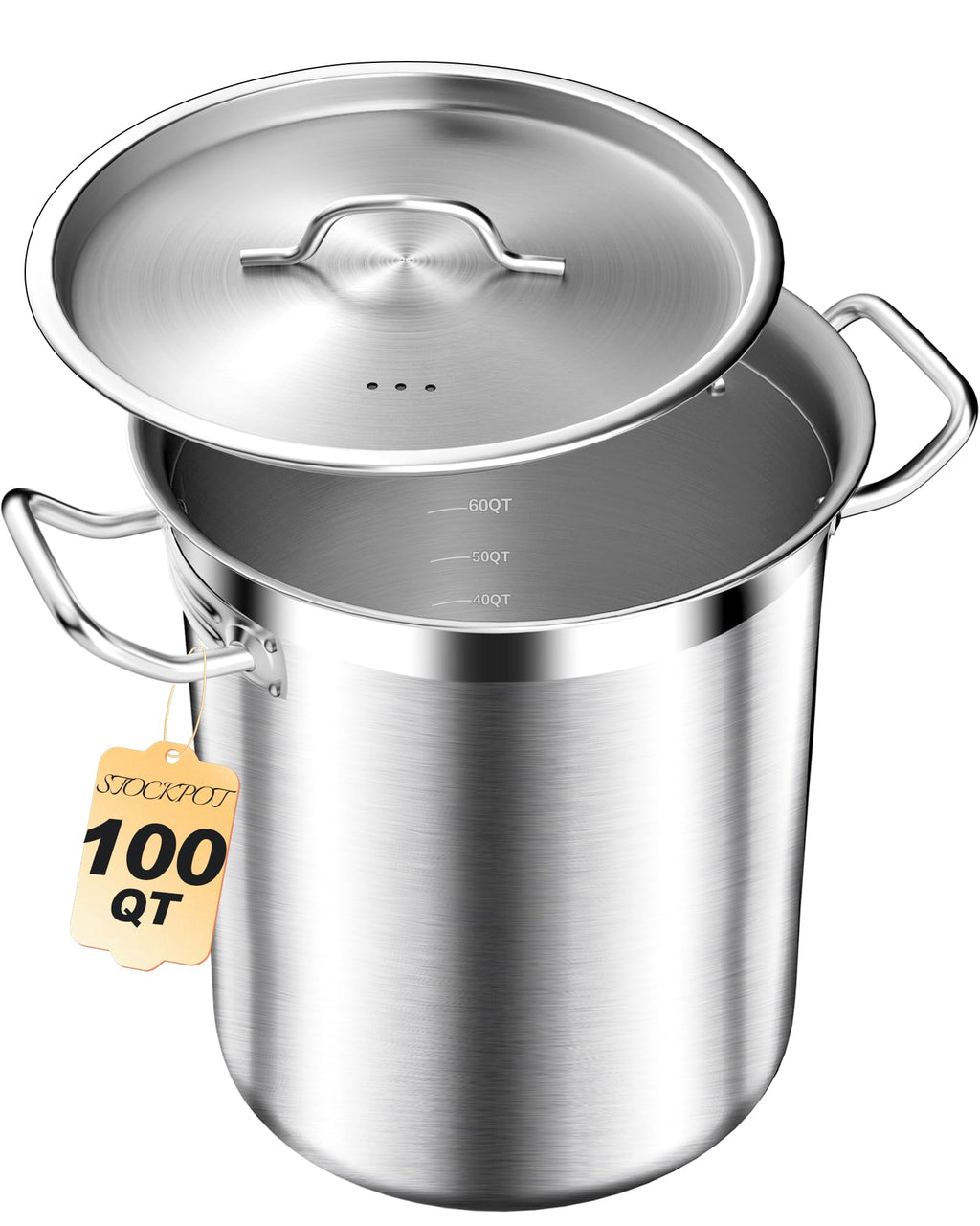 STOCKPOT Extra-Large Stainless Steel Stock Pot – Commercial Heavy Duty Soup Pot with Lid, 3-Ply Base for Fast Heating, Ideal for Seafood Boils and Outdoor Cooking - 100 Quart