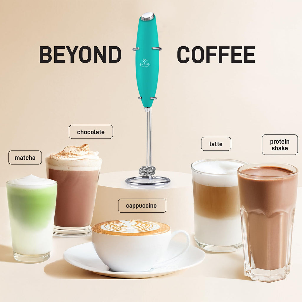 Zulay Kitchen Powerful Milk Frother Wand With Duracell Batteries - Ultra Fast Handheld Drink Mixer - Electric Whisk Foam Maker for Coffee, Lattes, Cappuccino & Matcha - Double Whisk - Caribbean Aqua