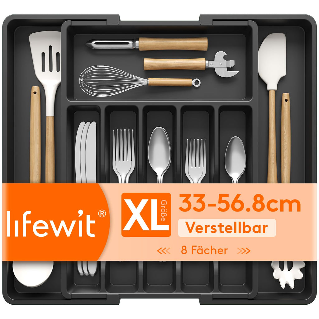Lifewit Silverware Drawer Organizer, Expandable Utensil Tray for Kitchen, BPA Free Flatware and Cutlery Holder, Adjustable Plastic Storage for Spoons Forks Knives, 33 -57 x 42cm, Black