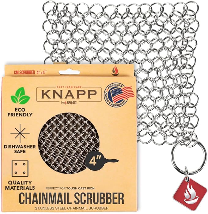 Knapp Made CM Scrubber 6" x 6" Small Ring Chainmail Cast Iron Scrubber, Premium Stainless Steel Mesh Cleaner for Pre-Seasoned Pans, Dutch Ovens, Grills and Skillets