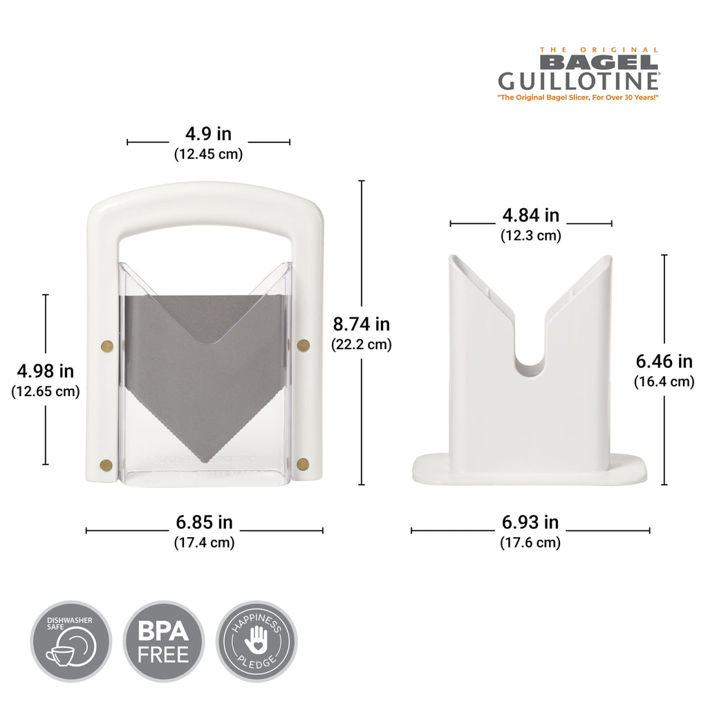 Hoan The Original Bagel Guillotine Slicer - 9.25-Inch Stainless Steel Blade Slicer - Safe and Efficient Easy Bagel Cutter for Muffins, Rolls, Buns with Precision Ground Serrated Blade (White)