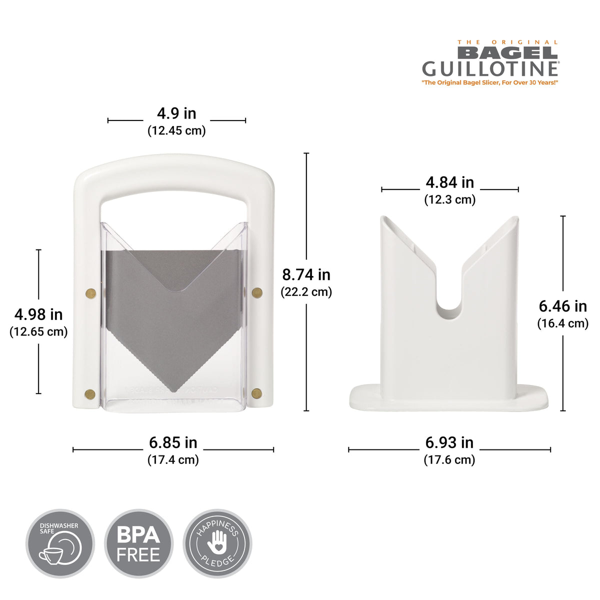 Hoan The Original Bagel Guillotine Slicer - 9.25-Inch Stainless Steel Blade Slicer - Safe and Efficient Easy Bagel Cutter for Muffins, Rolls, Buns with Precision Ground Serrated Blade (White)