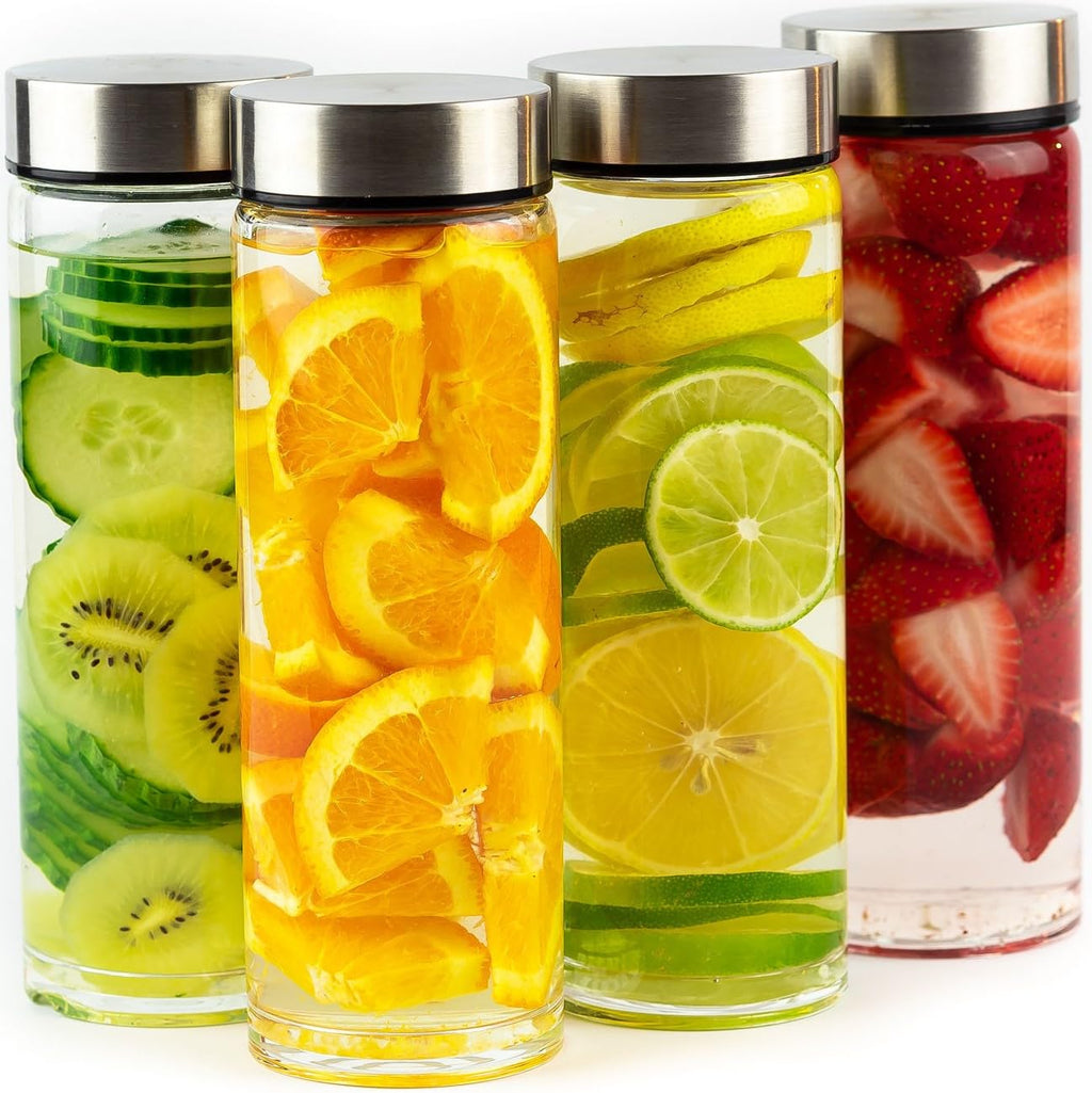 Juice Bottles, Wide Mouth Glass Water Bottles & Stainless Steel Lids, 16oz