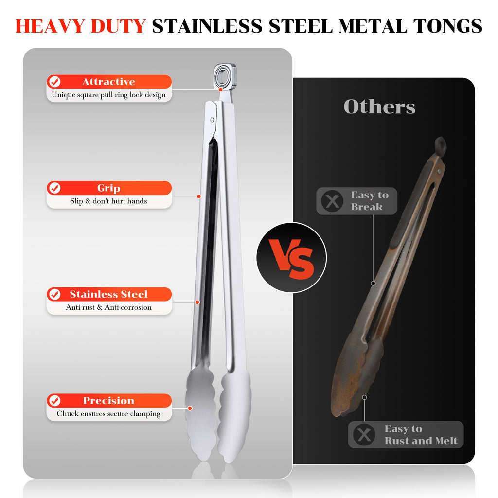 7/9/12 Inch Kitchen Tongs for Cooking, Heat Resistant Stainless Steel Tongs