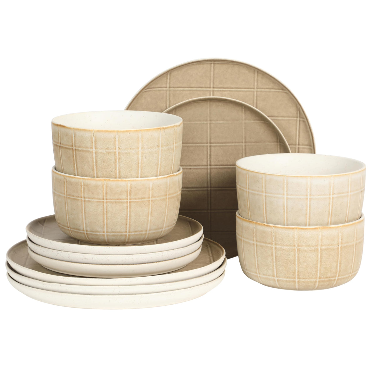 Gibson Elite 12 Piece (Service for 4) Townscape Plates and Bowls Reactive Glaze Embossed Round Dishes Terracotta Ceramic Dinnerware Set - Dark Green