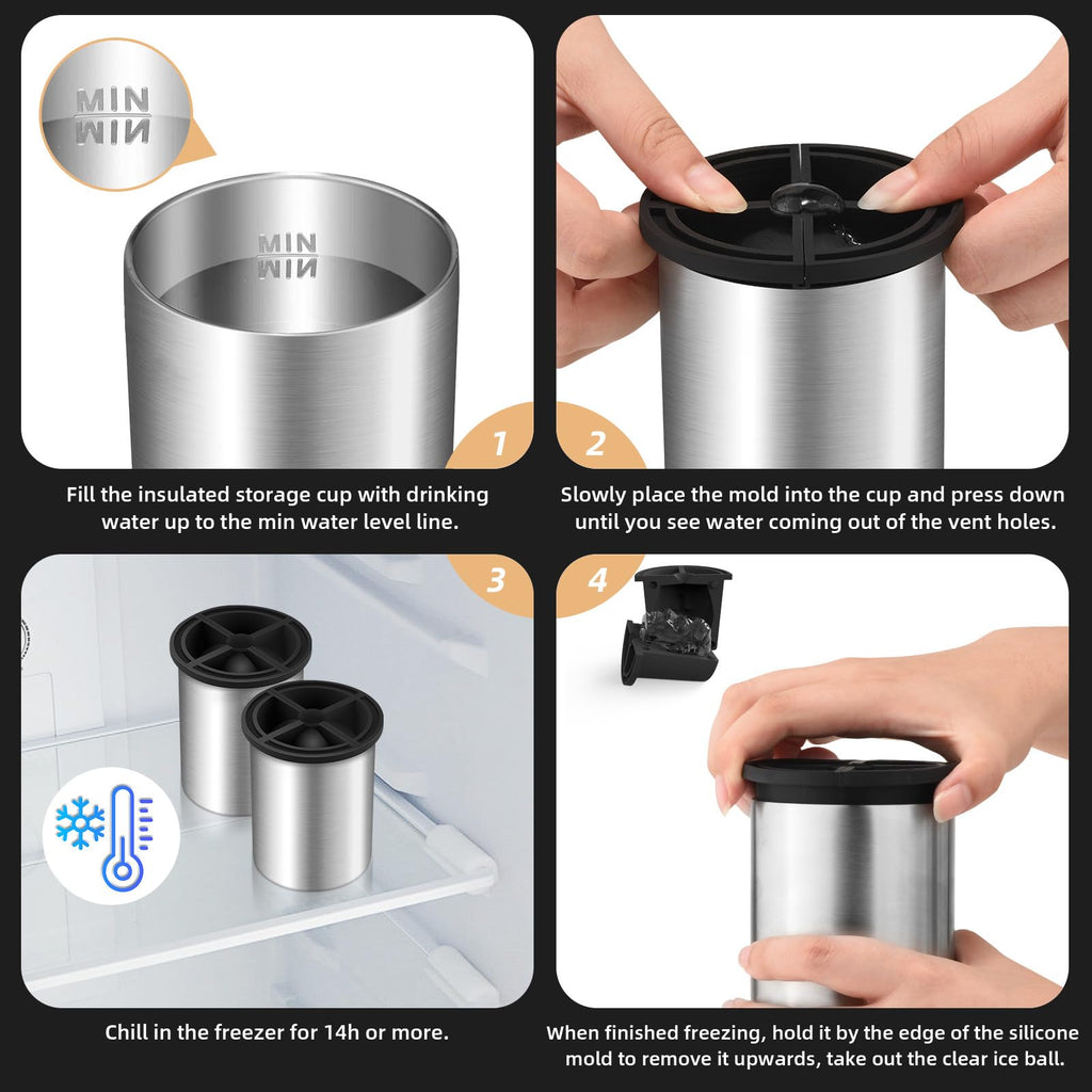 Clear Ice Cube Maker, 2.5 Inch Stainless Steel Crystal Large Clear Ice Ball Maker, Silicone Ice Cube Mold for Cocktails, Drinks & Bourbon, Whiskey Gifts for Men, Metal Color(2 Pack)