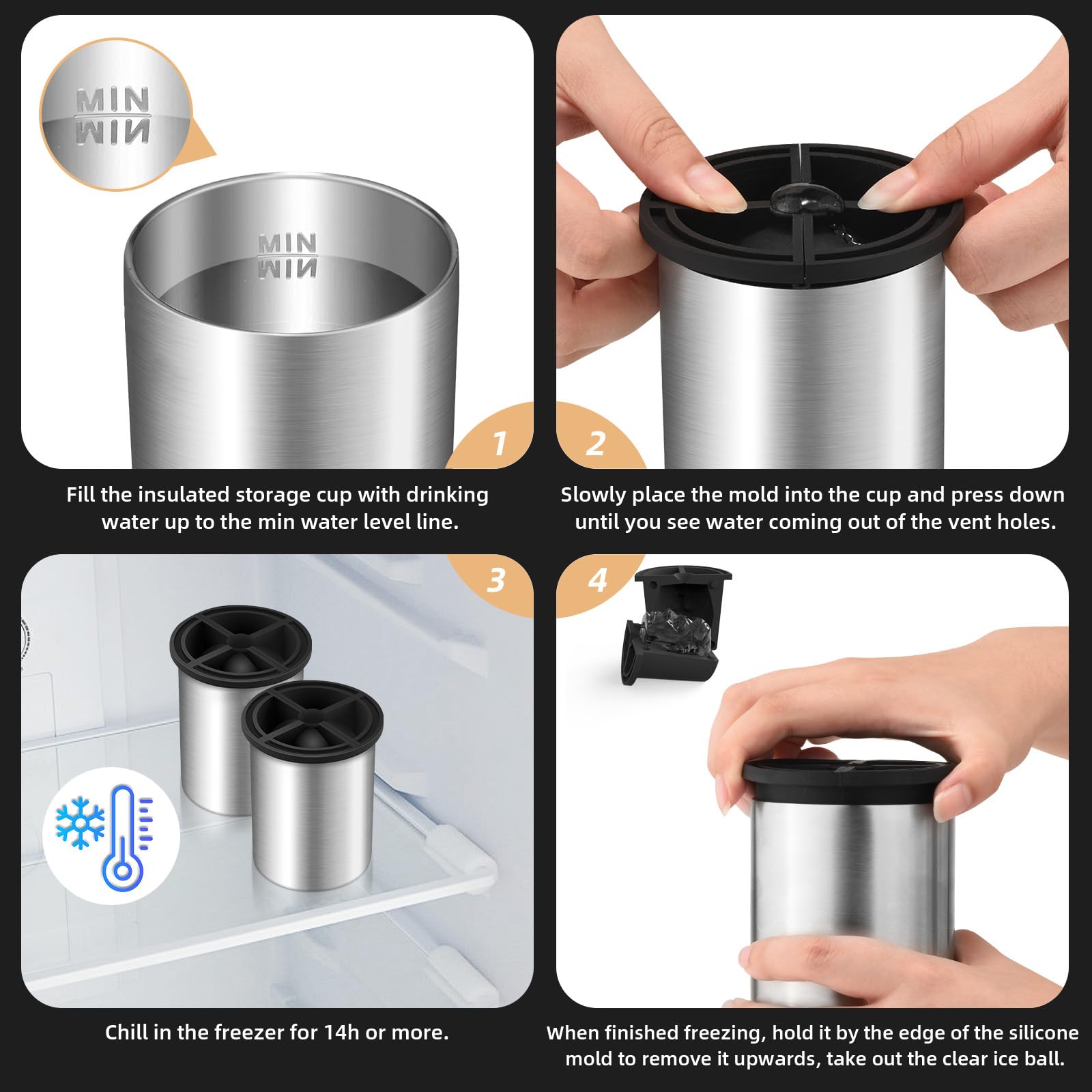 Clear Ice Cube Maker, 2.5 Inch Stainless Steel Crystal Large Clear Ice Ball Maker, Silicone Ice Cube Mold for Cocktails, Drinks & Bourbon, Whiskey Gifts for Men, Metal Color(2 Pack)