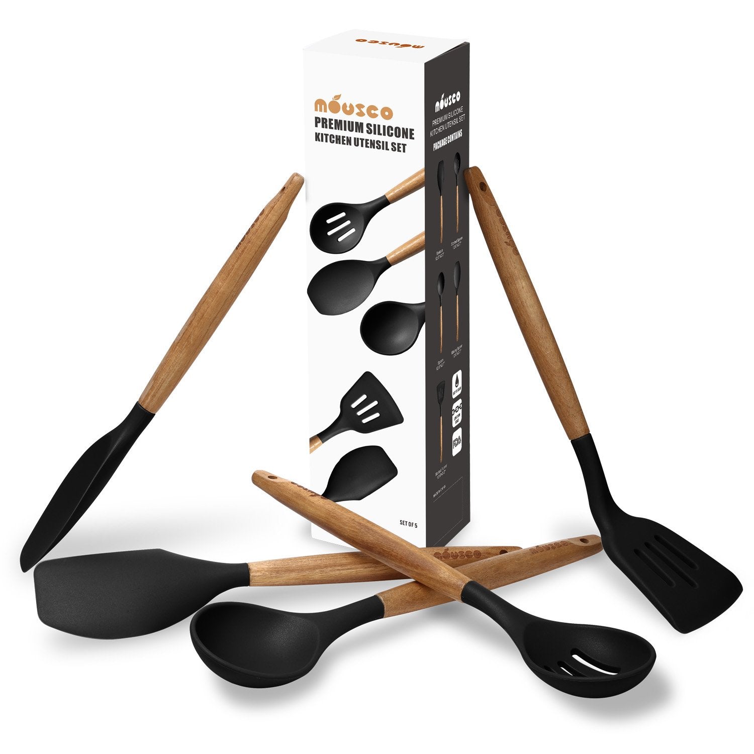 Kitchen Utensils Set, Silicone Cooking Utensils Set,Non-Stick Silicone Spatula Set with Natural Acacia Hard Wood Handle, 5 Piece, Upgraded Thickened Cookware