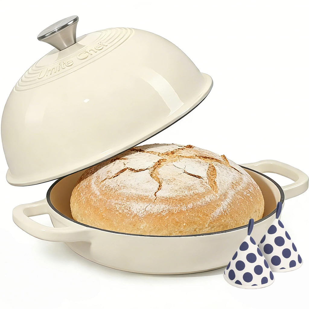 Enamelled Cast Iron Dutch Oven Pot – Dutch Oven Pot with Lid For Sourdough Bread Baking – Cast Iron Bread Oven – Red, Umite Chef 6QT Pot with Lid & Cotton Potholders
