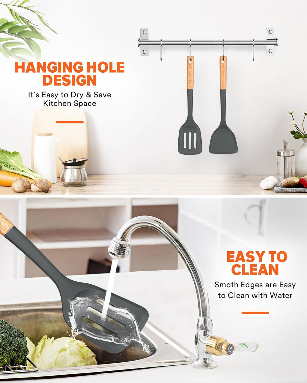 Silicone Wok Spatula Turner Set, Perfect for Scooping, Flipping, Lifting Pancakes and Picking up Veggies, BPA-Free Matte Silicone, Wooden Handles, Safe for Nonstick Cooking Surfaces (Grey)